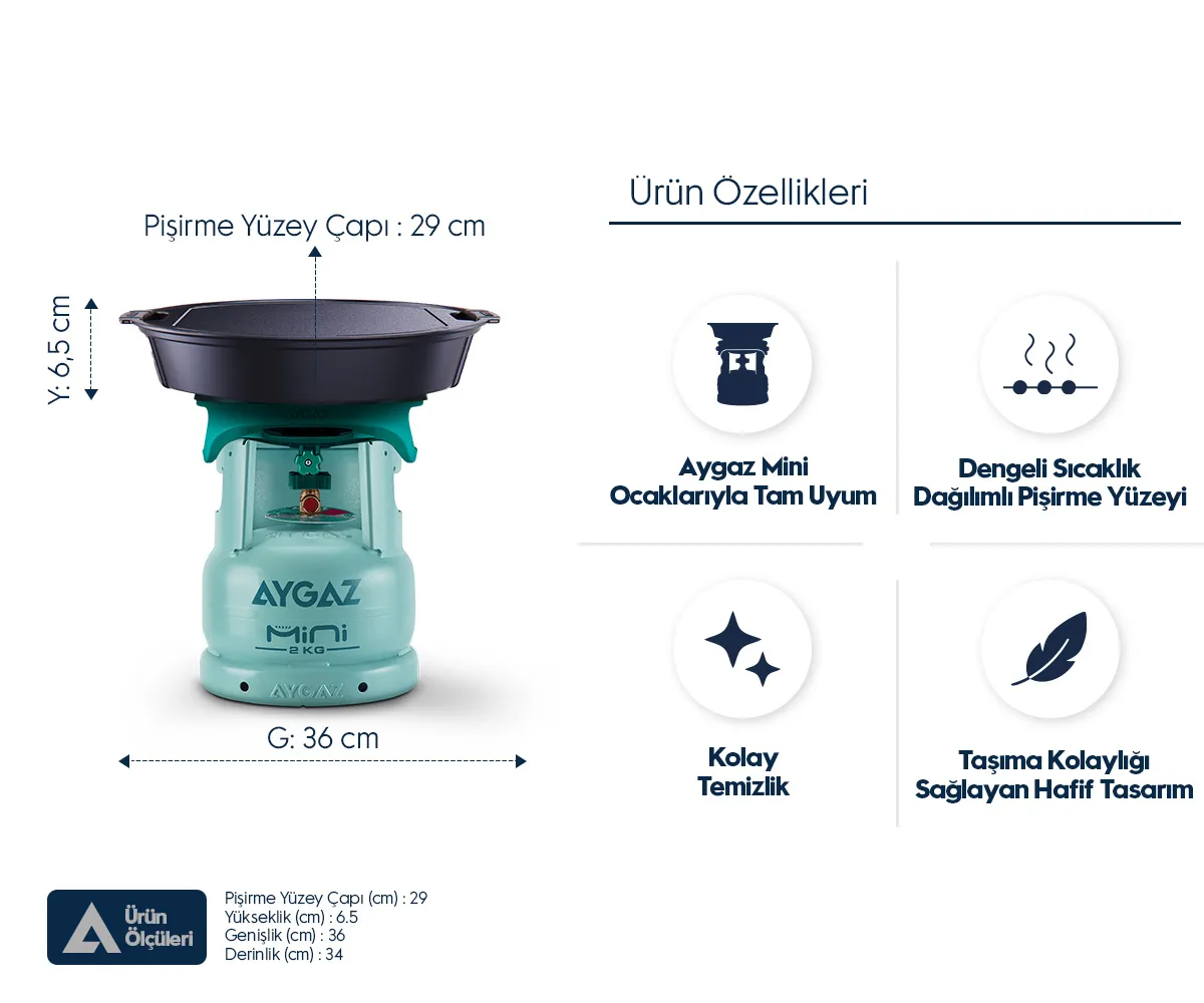 Aygaz Mini kamp ocaginin boyutlari ve ozellik ikonlarini gosteren Urun Ozellikleri infografigi.