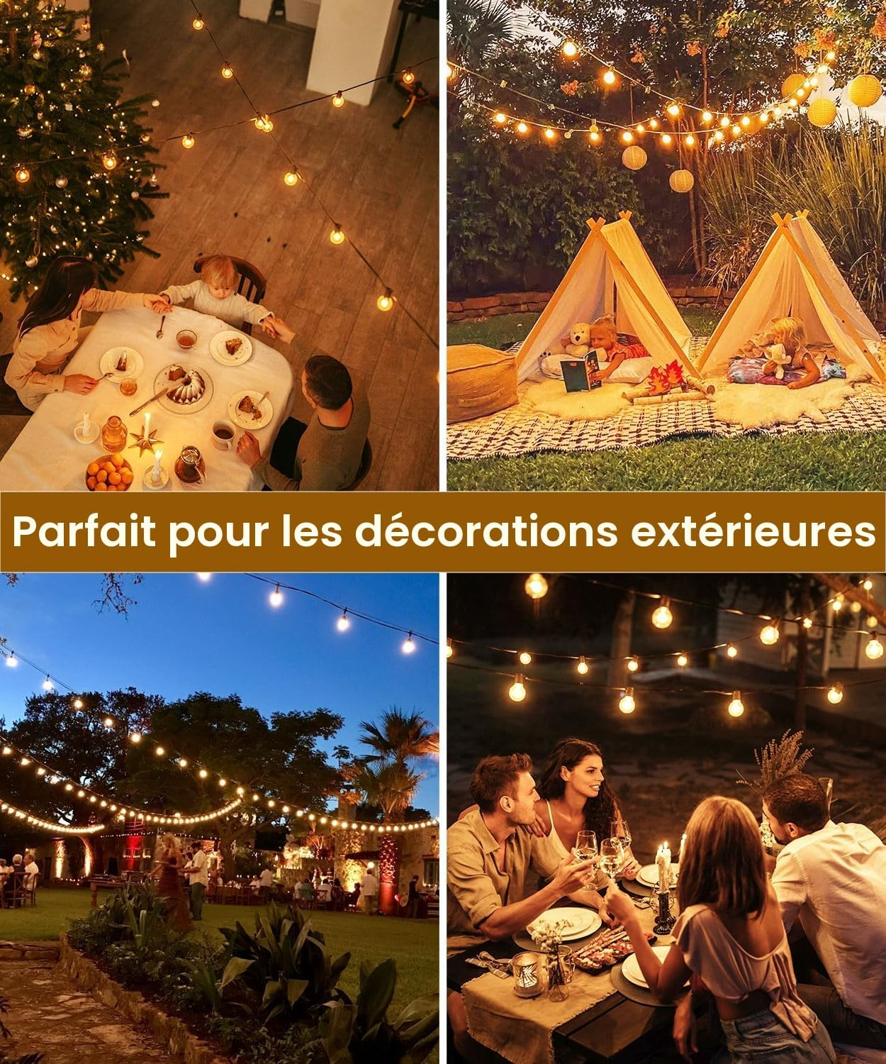 Vier Szenen mit Lichterketten: Familie beim Abendessen, Tipi-Zelte im Garten, abendliche Feier und Freunde am Tisch.