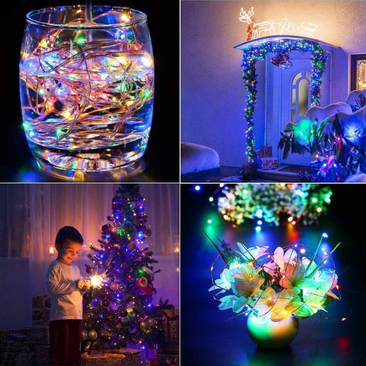 Eine Collage zeigt Lichterketten im Wasserglas, eine beleuchtete Tür, ein Kind mit Wunderkerze und eine Blumenvase.