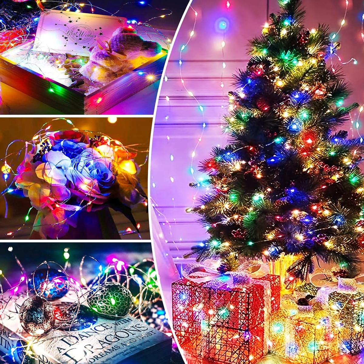 Verschiedene Weihnachtszenen mit leuchtenden Lichterketten, einem geschmückten Weihnachtsbaum und Geschenken.