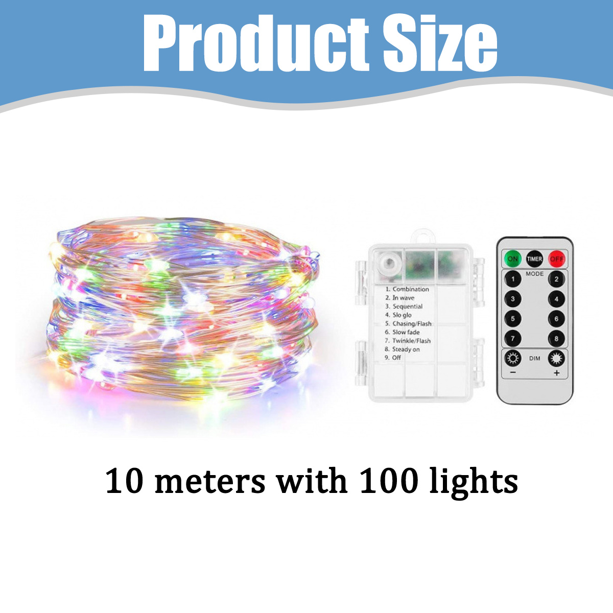 Eine 10 Meter lange Lichterkette mit 100 Lichtern, Batteriebox und Fernbedienung.