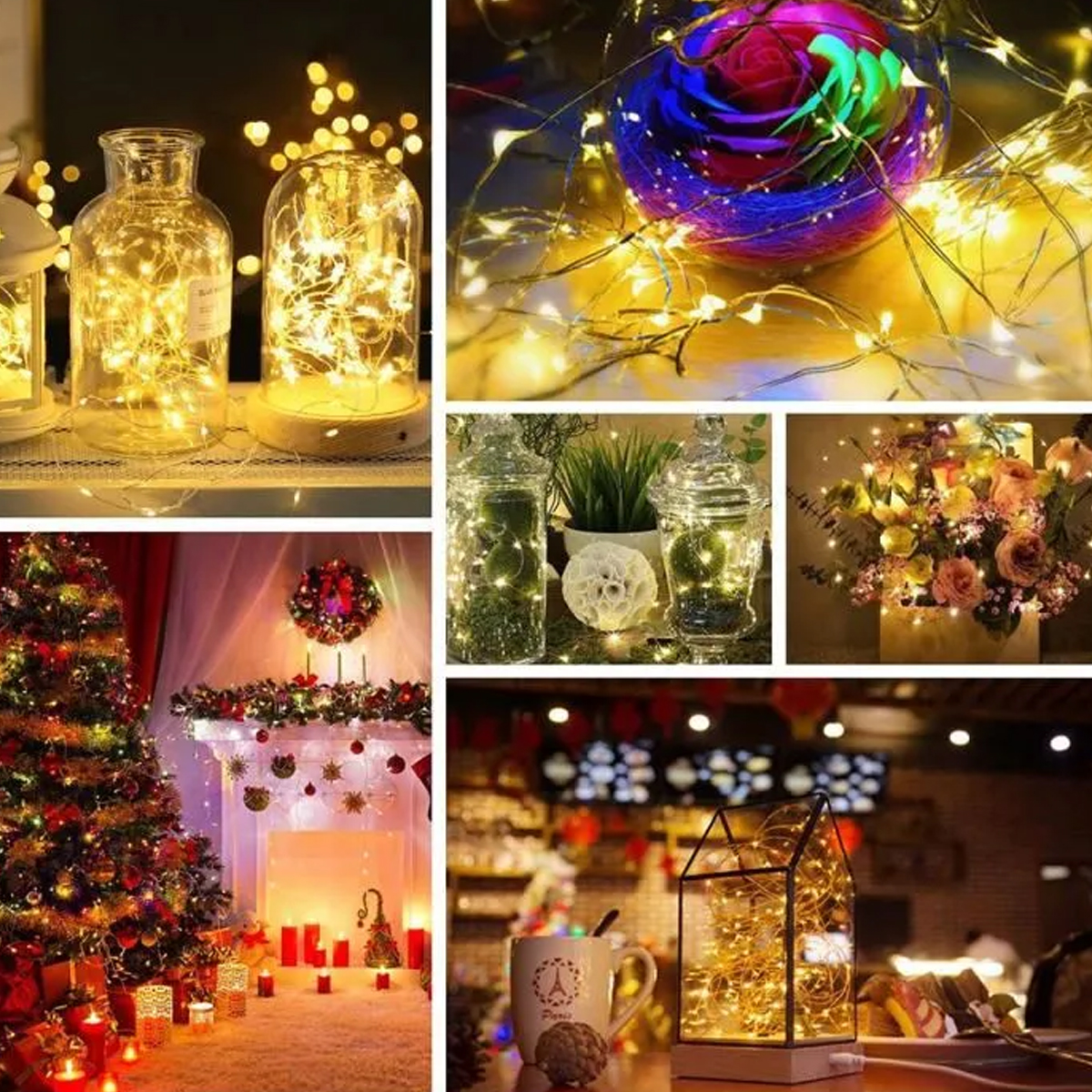 Verschiedene Szenen mit Lichterketten in Glasgefäßen und Weihnachtsdekoration.