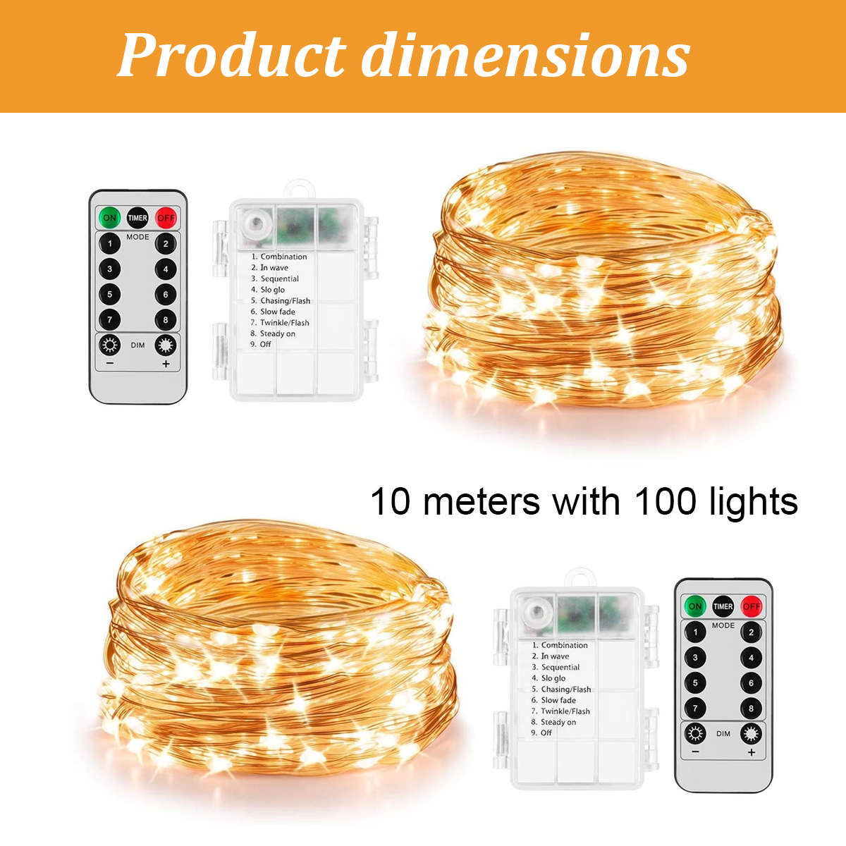 10-Meter-Lichterkette mit 100 LEDs, einer Batteriebox und einer Fernbedienung.