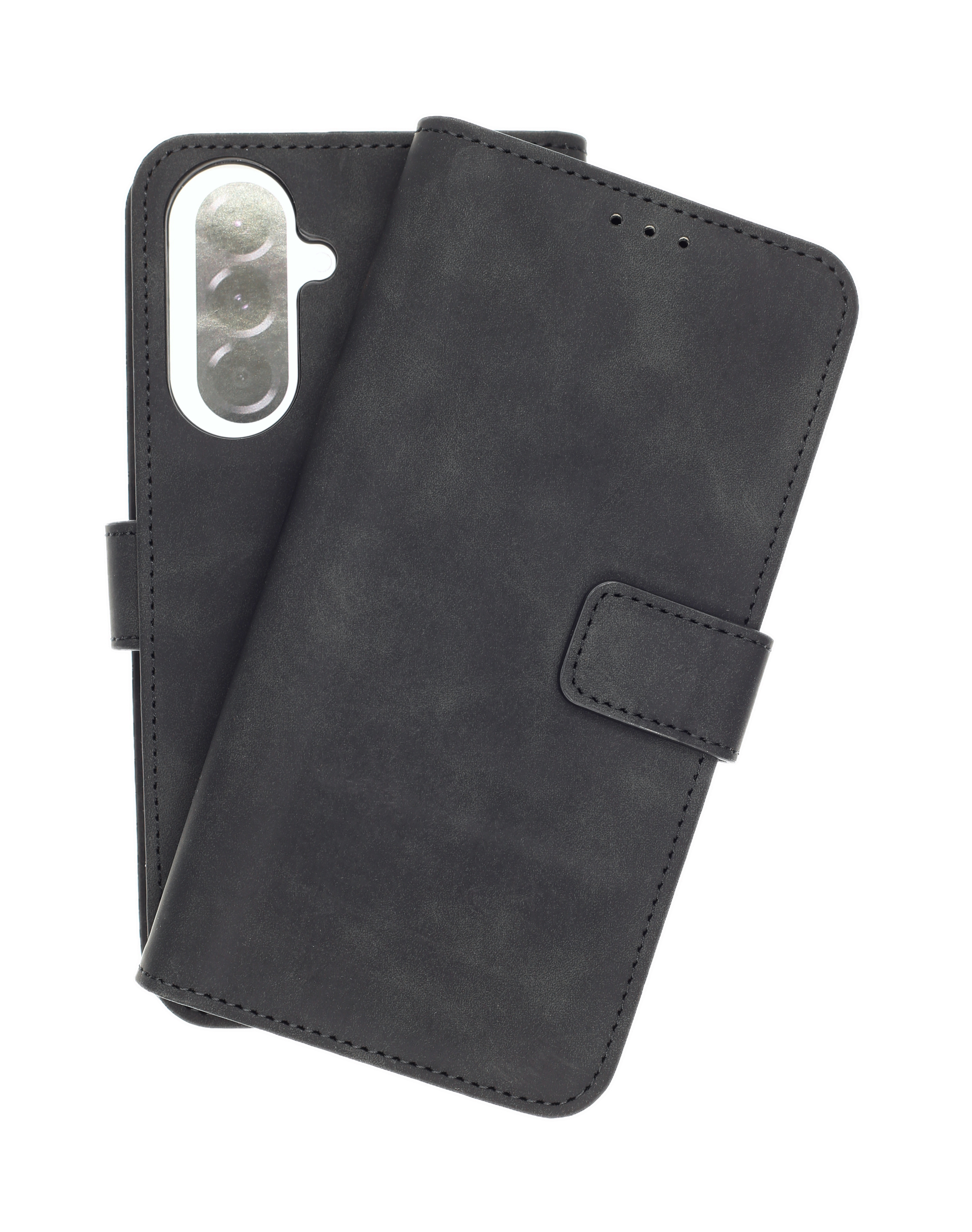 Eine schwarze Flip-Handyhülle aus Leder mit Kameraausschnitt auf weißem Hintergrund.