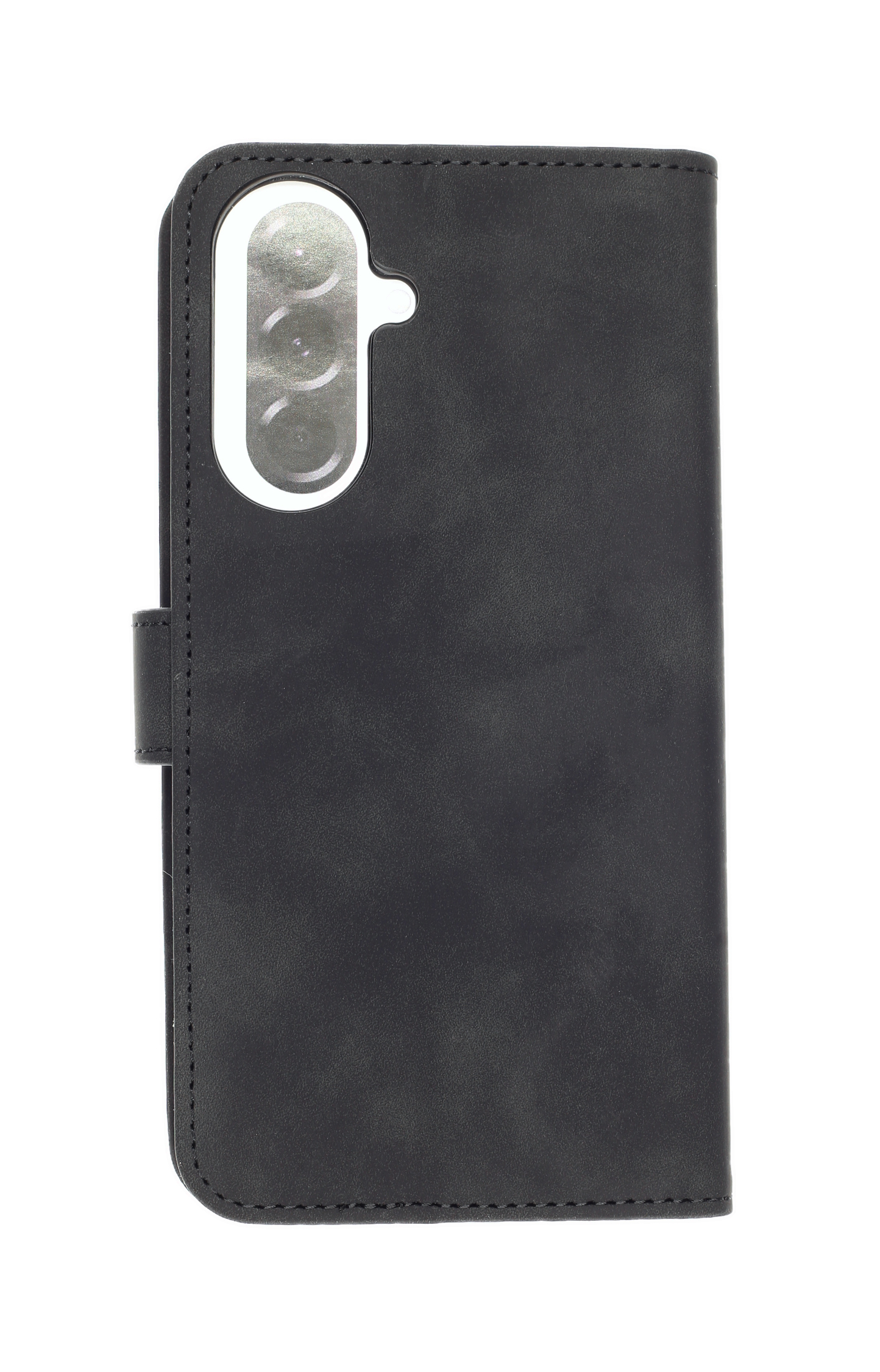 Ein schwarzes Leder-Smartphone-Flip-Case mit Kamera-Aussparung auf weißem Hintergrund.