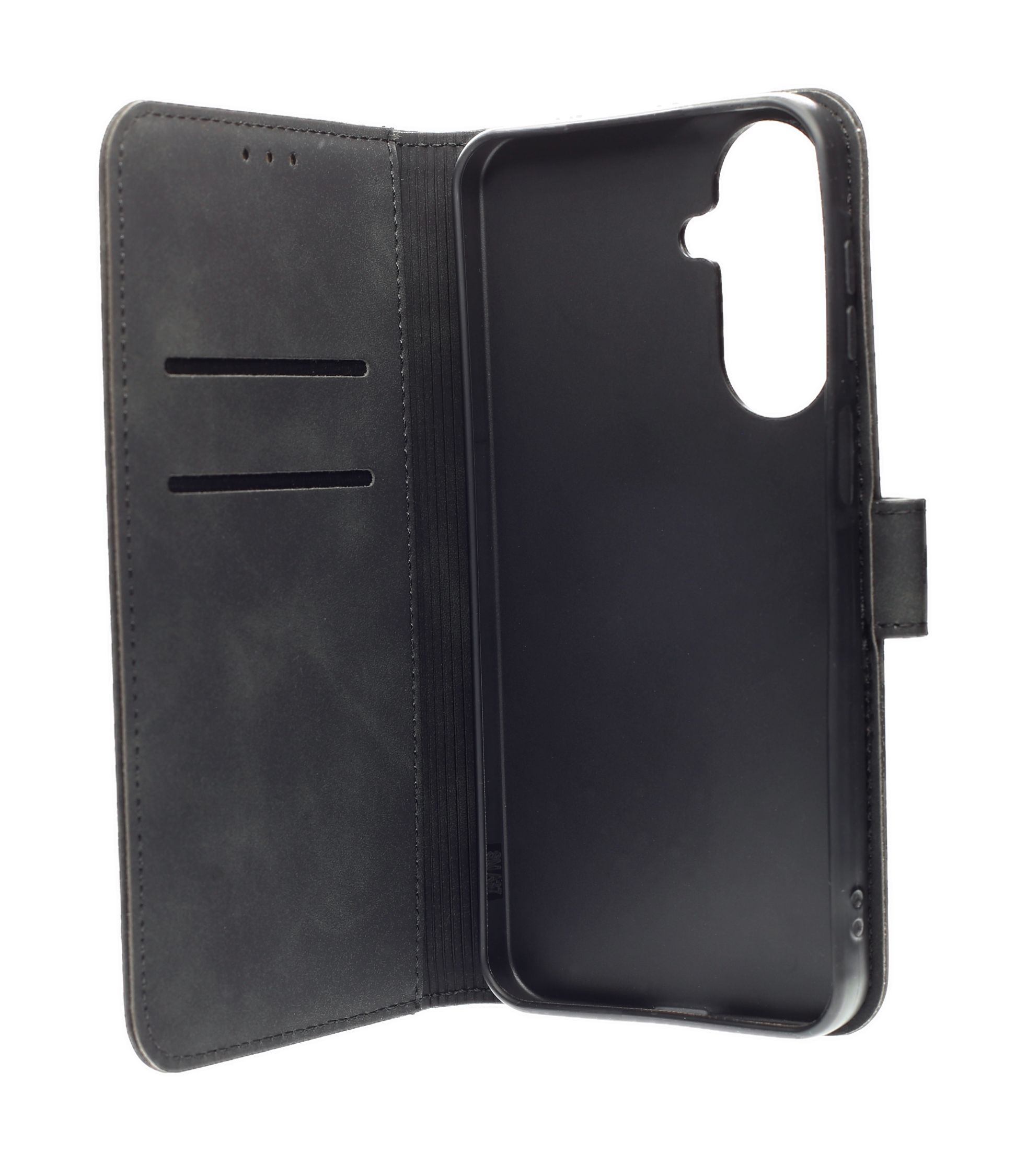 Eine geöffnete schwarze Leder-Handyhülle mit Kreditkartenfächern auf der linken Seite gegen weißem Hintergrund.