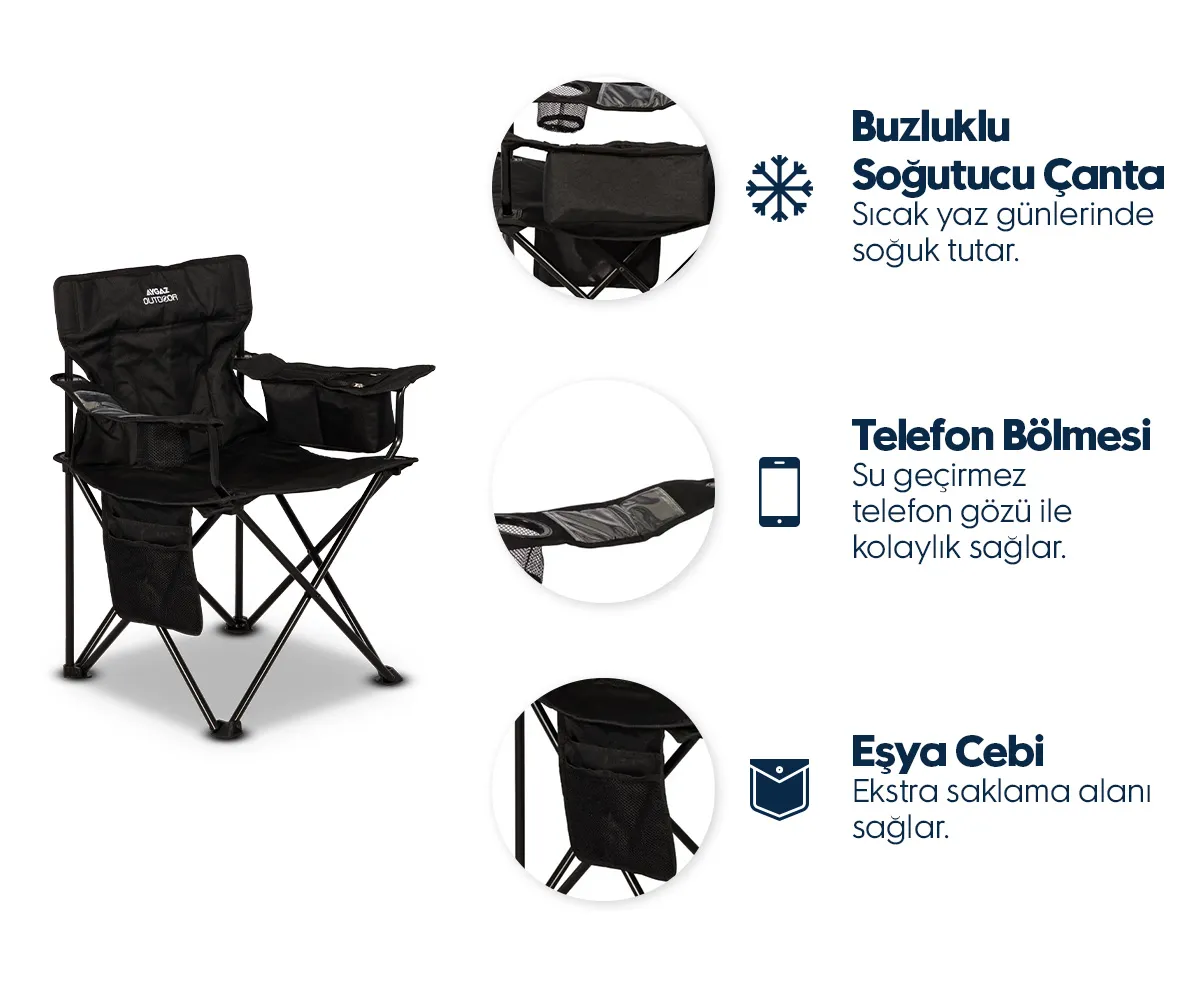 Soğutucu çanta, telefon bölmesi ve eşya cebi olan siyah kamp sandalyesi.
