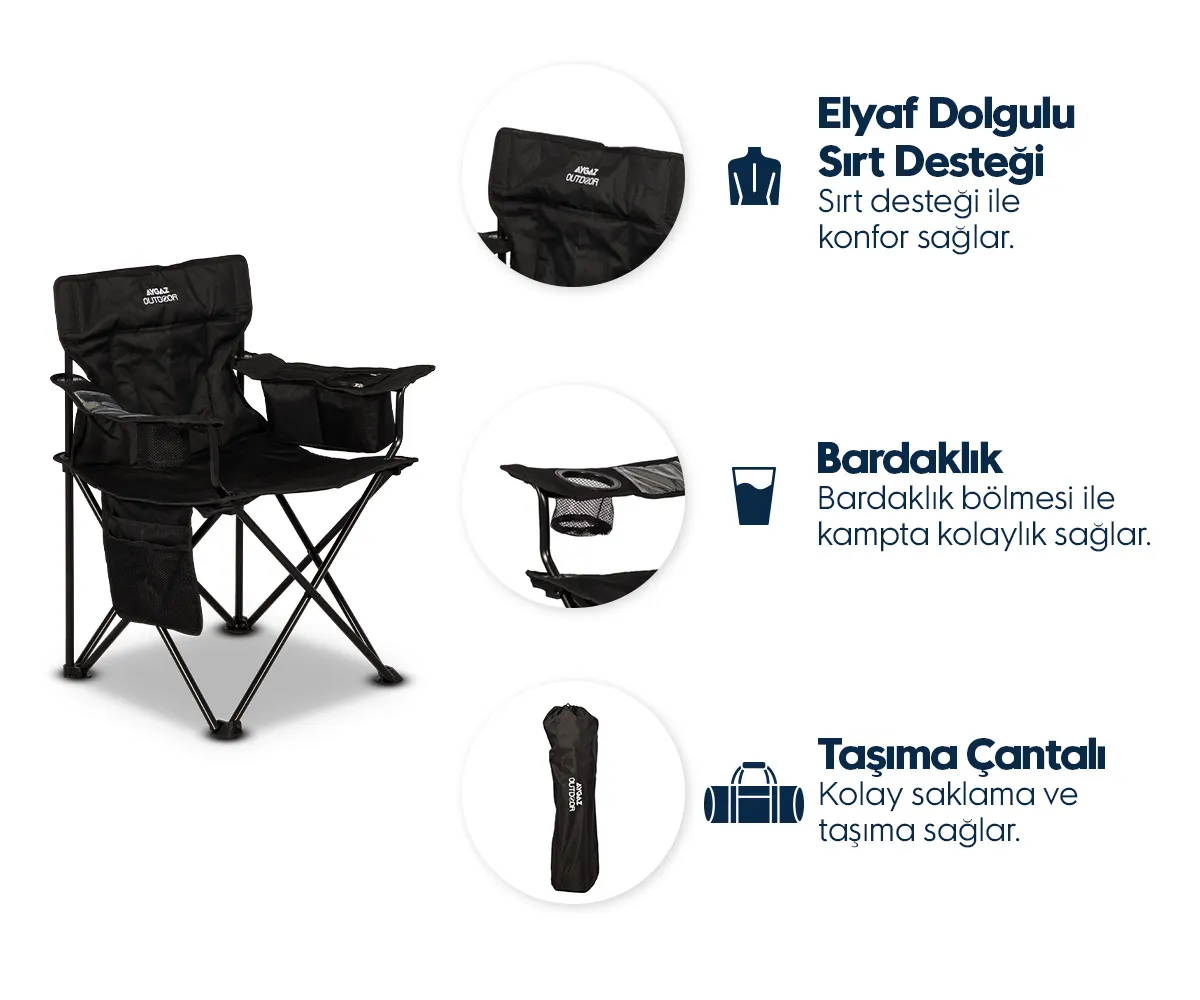 Bardaklıklı, dolgulu sırt destekli ve taşıma çantalı siyah katlanır kamp sandalyesi.