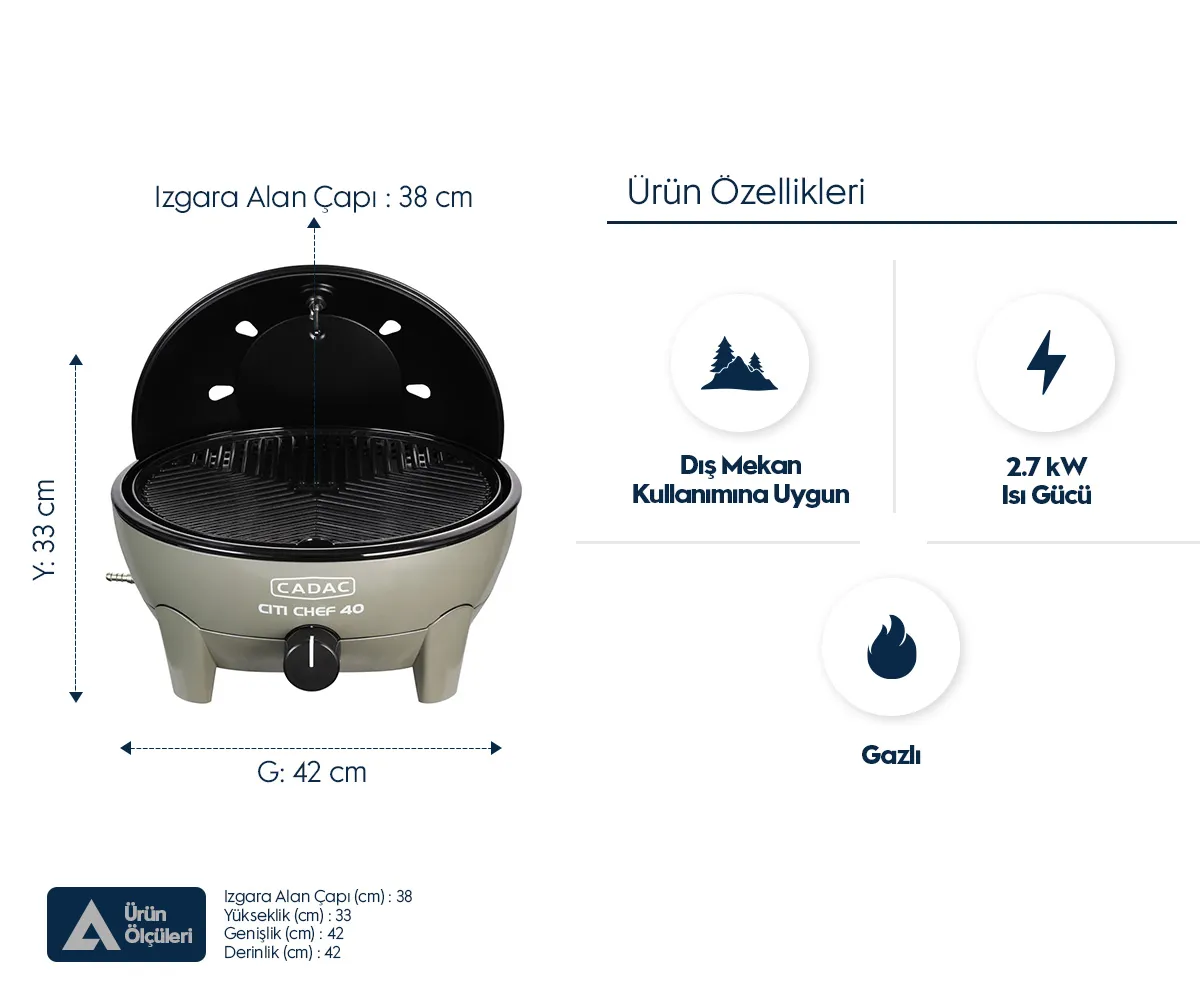 Cadac Citi Chef 40 gazlı barbekü, ölçüleri, 38 cm ızgara çapı, dış mekan kullanımı ve 2.7 kW ısı gücü simgeleriyle.