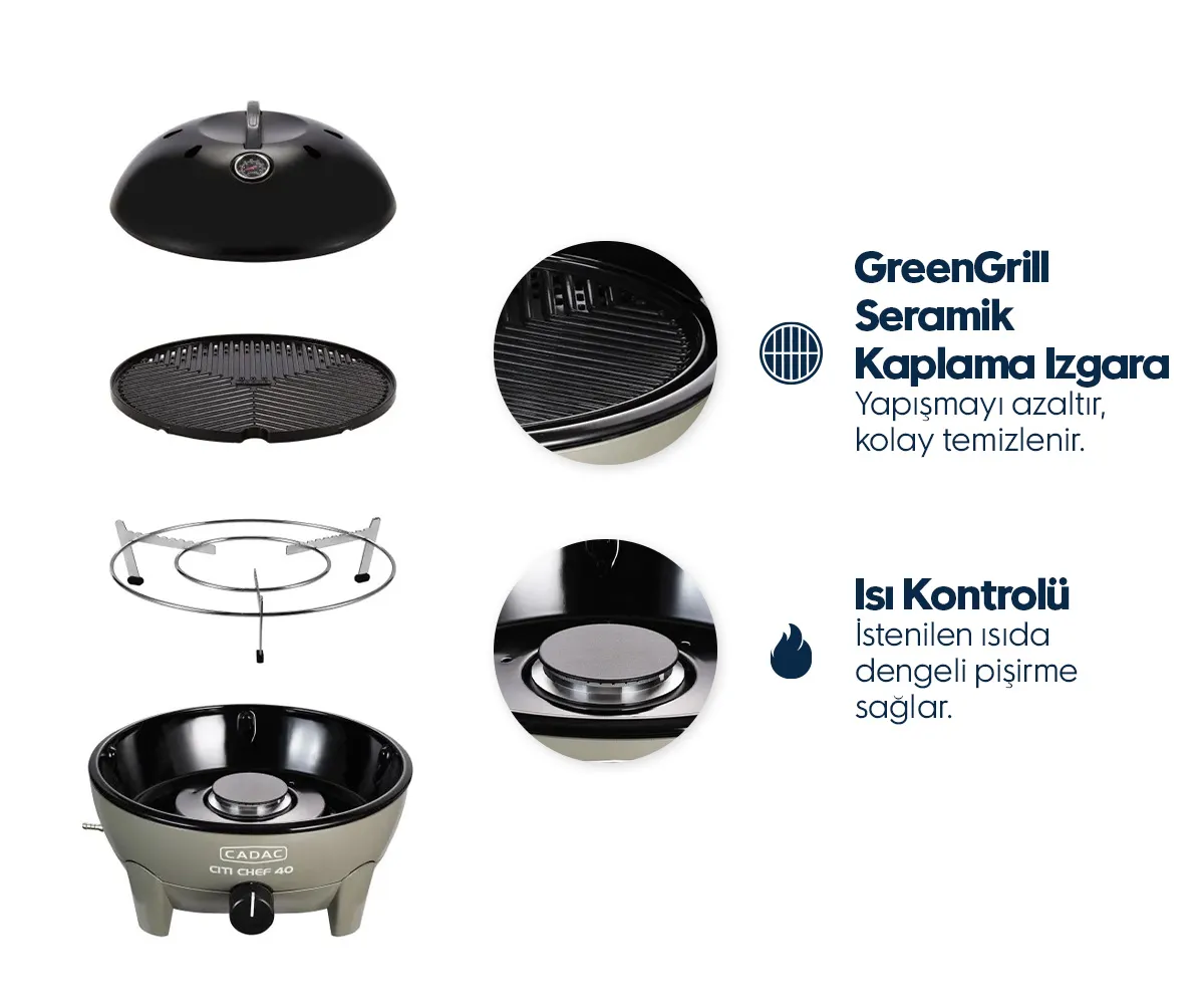 Cadac Citi Chef 40 barbekü parçaları, seramik kaplaması ve ısı kontrolü ile.