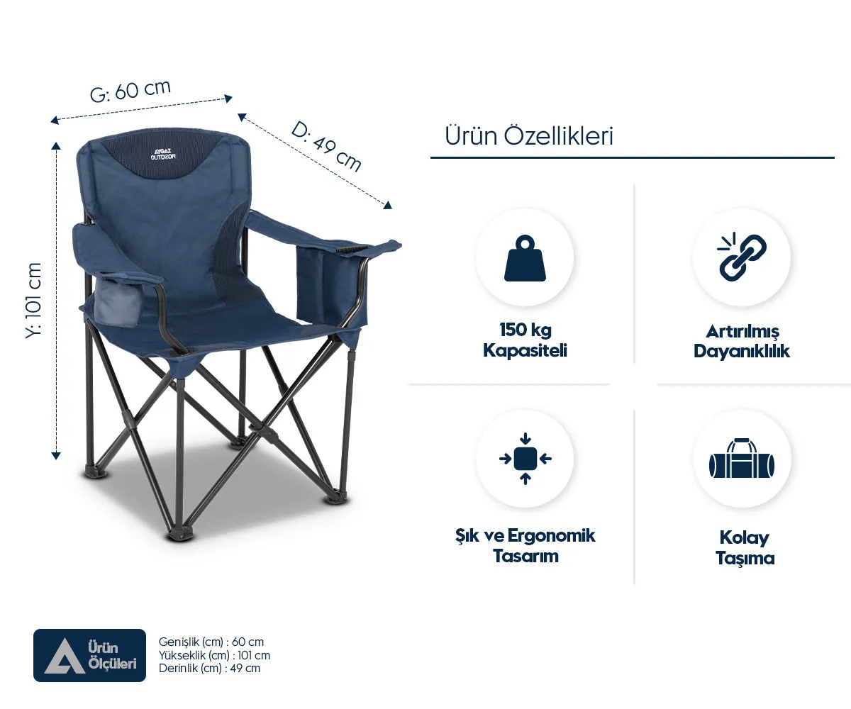 Ölçüleri, 150 kg kapasitesi, dayanıklı yapısı, ergonomik tasarımı ve taşıma çantası olan mavi renkli katlanır kamp sandalyesi.