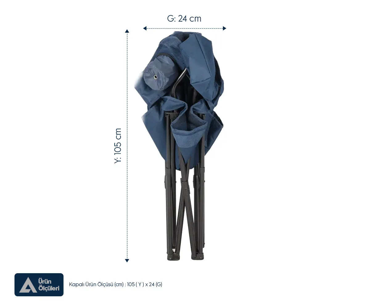 105 cm yükseklik ve 24 cm genişlik ölçü oklarıyla katlanmış mavi kamp sandalyesi.