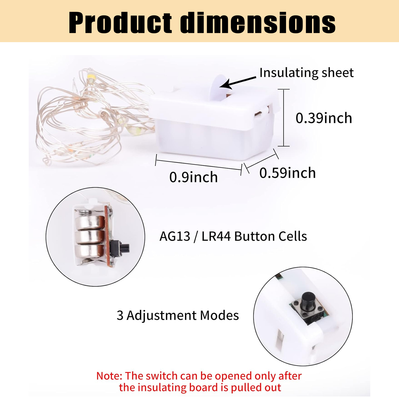 Produktabmessungen einer kleinen weißen Batteriebox mit LED-Lichterkette und Knopfbatterien.