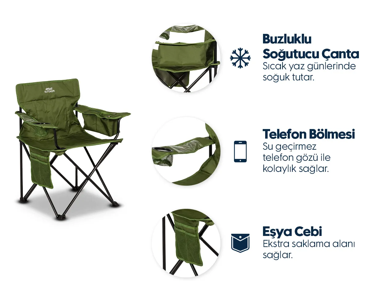 Daireler içinde buzluk çantası, telefon cebi ve yan saklama cebi bulunan yeşil katlanır kamp sandalyesi.