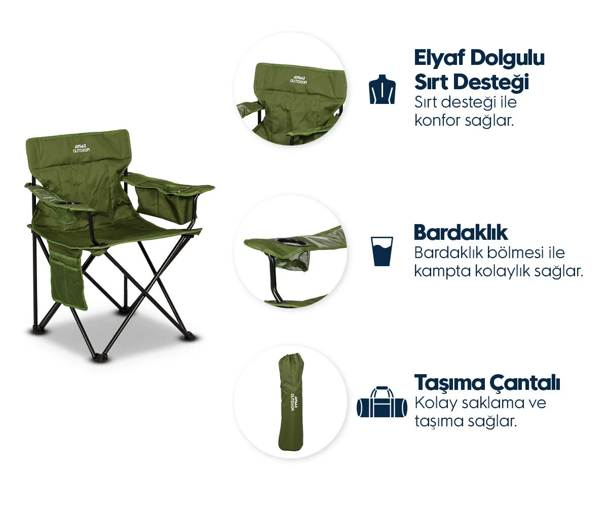 Elyaf dolgulu sırt destekli, bardaklıklı ve taşıma çantalı yeşil kamp sandalyesi.
