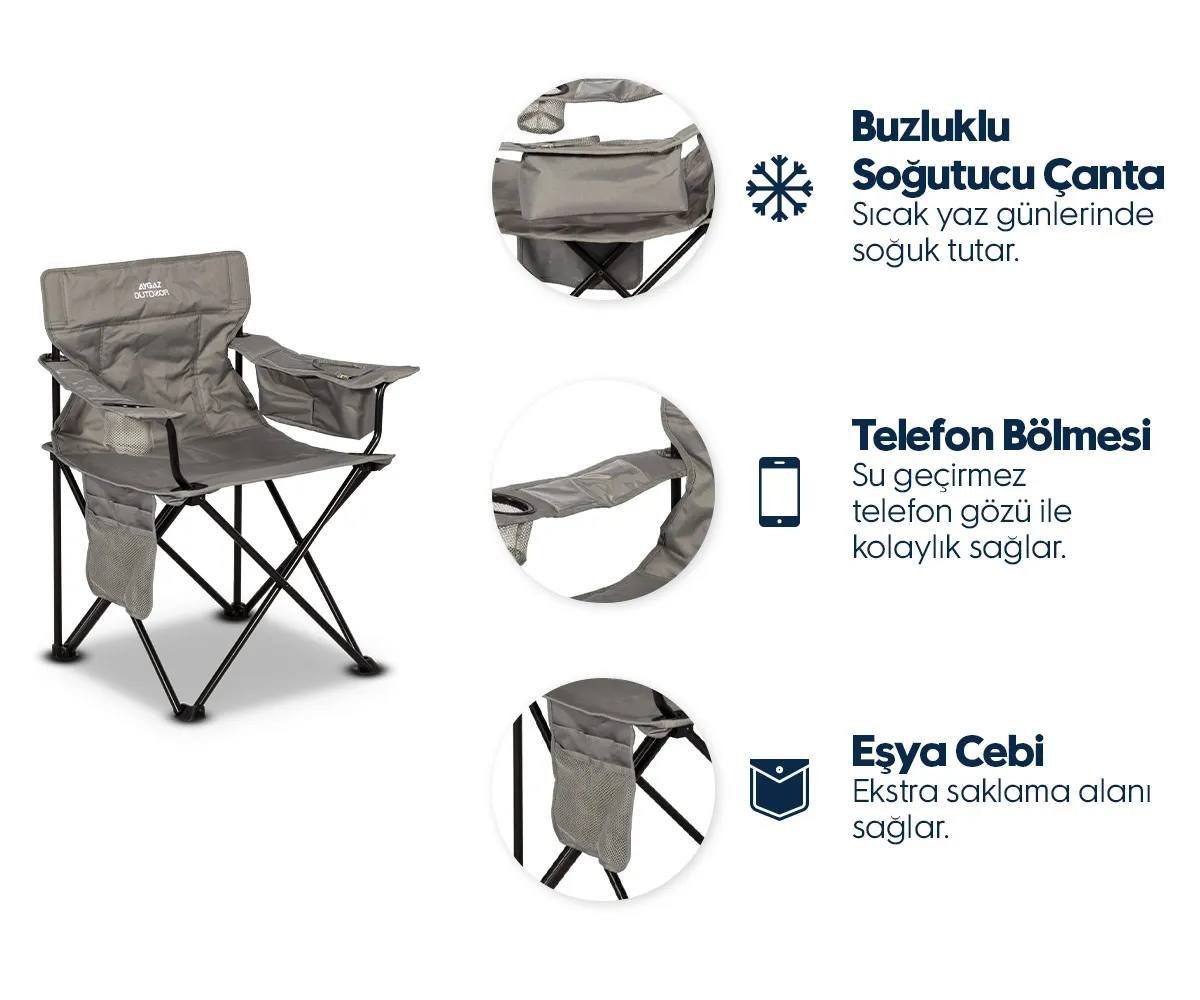 Buzluklu, telefon bölmeli ve eşya cebeli özelliklerini gösteren açıklamalara sahip gri kamp sandalyesi.