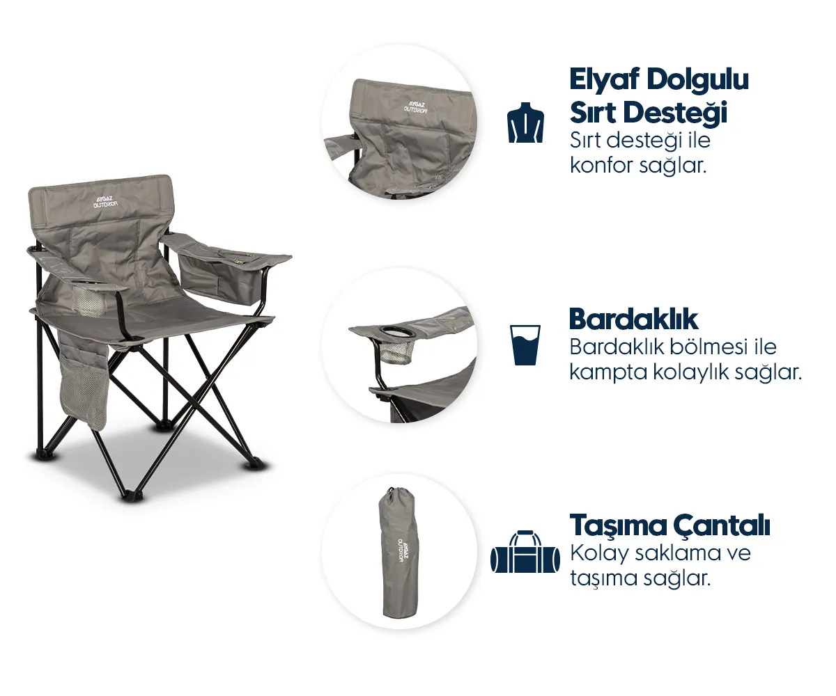 Sırt destekli, bardaklıklı ve taşıma çantalı gri katlanır kamp sandalyesi.