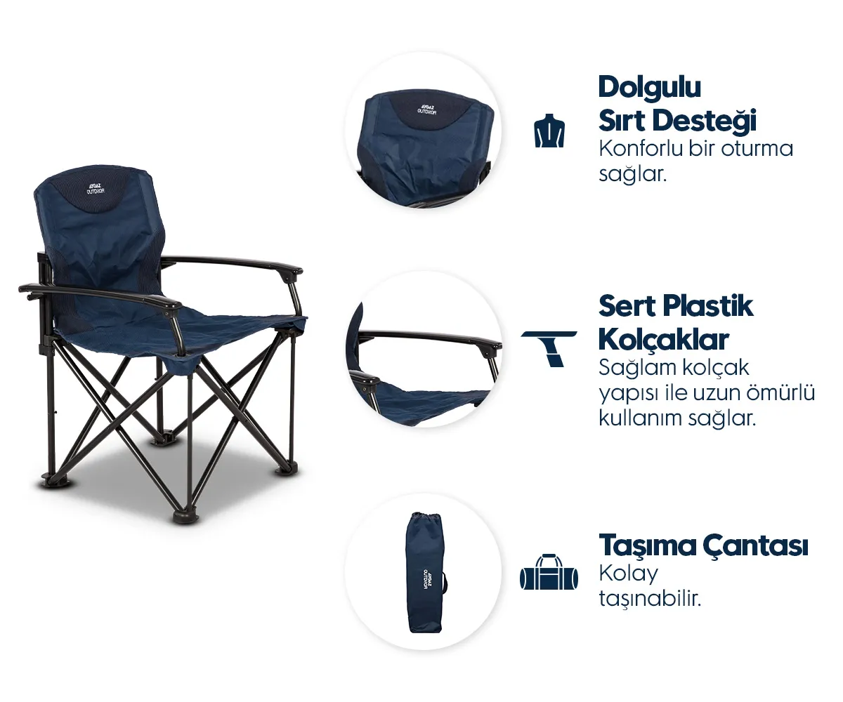 Siyah iskeletli mavi katlanır kamp sandalyesi ve sağda özellikleri vurgulanmıştır.