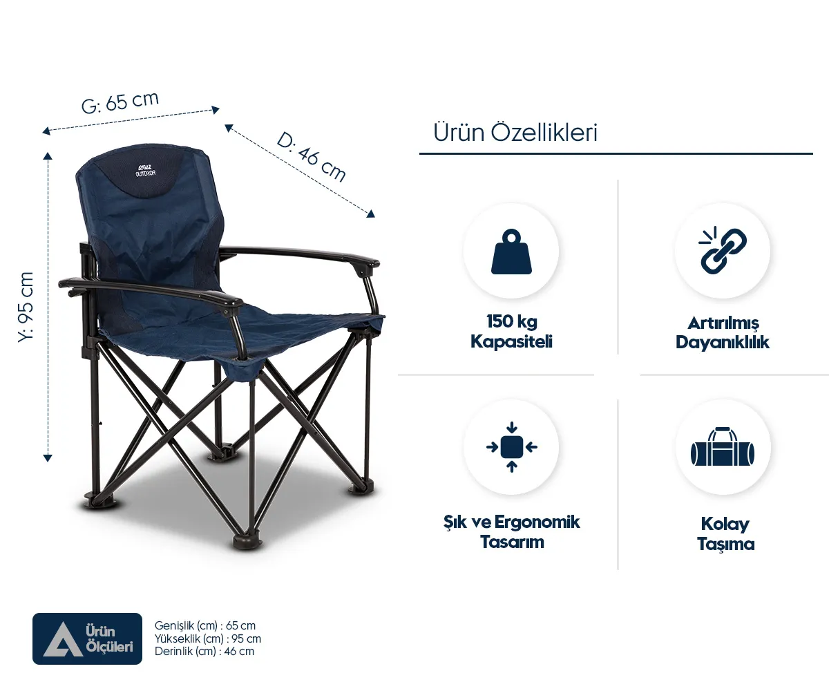 Boyutları ve özellik ikonları olan mavi katlanır kamp sandalyesi.