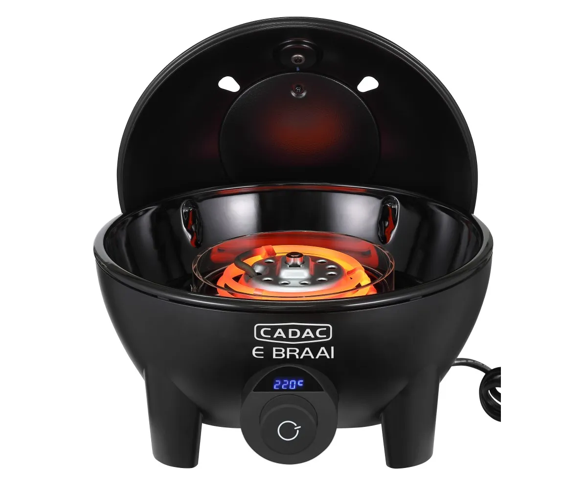 Açık kapaklı ve parlayan kırmızı ısıtma elemanına sahip siyah Cadac E Braai elektrikli masa üstü ızgara.
