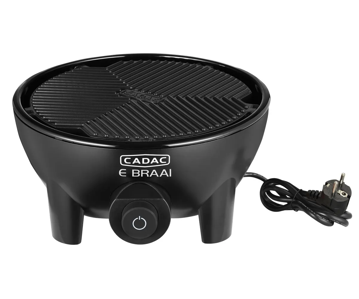 Oluklu ızgara yüzeyine, ön kontrol düğmesine ve güç kablosuna sahip siyah bir CADAC E Braai elektrikli ızgara.