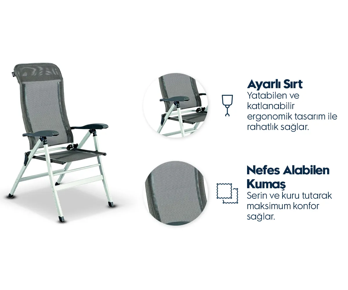 Gri renkli, file kumaşlı, ayarlanabilir sırtlıklı katlanır sandalye ve özellikleri gösteren iki daire.