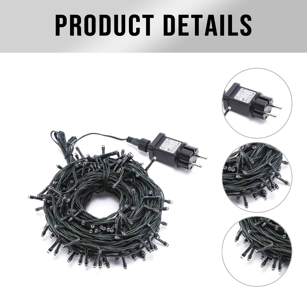 Eine Spule grüner Lichterketten mit schwarzem Stecker und zwei Ausschnittsvergrößerungen.