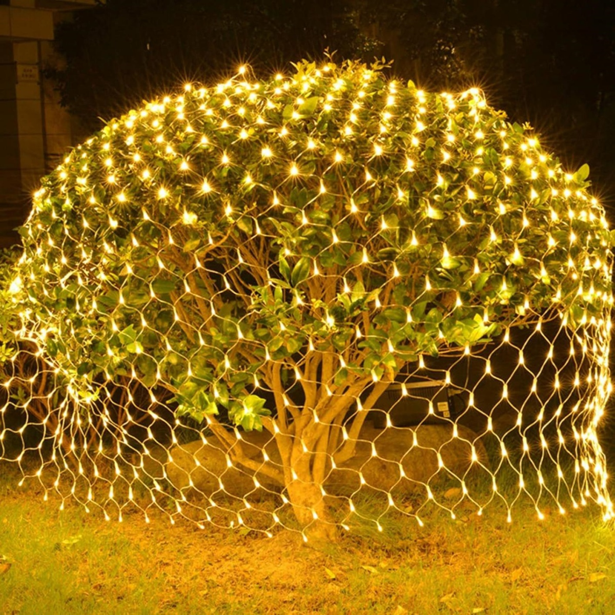 Ein runder Busch in einem Garten ist nachts mit einem Netz aus hellen gelben Lichterketten bedeckt.
