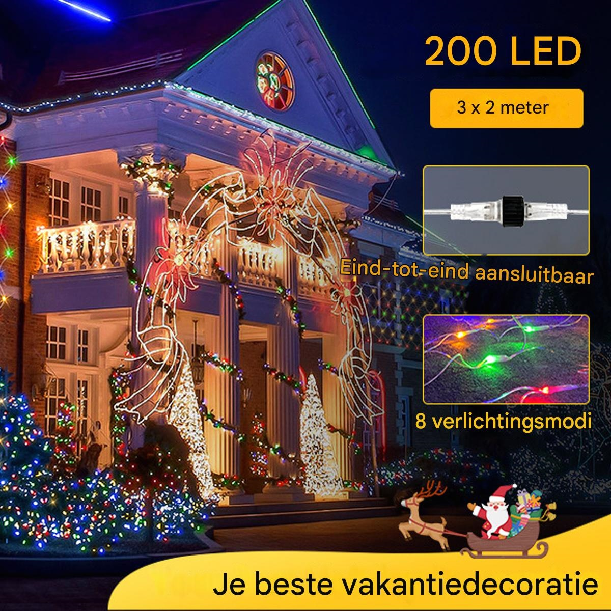 Ein beleuchtetes Haus mit Weihnachtsbeleuchtung, Text und kleinen Bildern der Lichter.