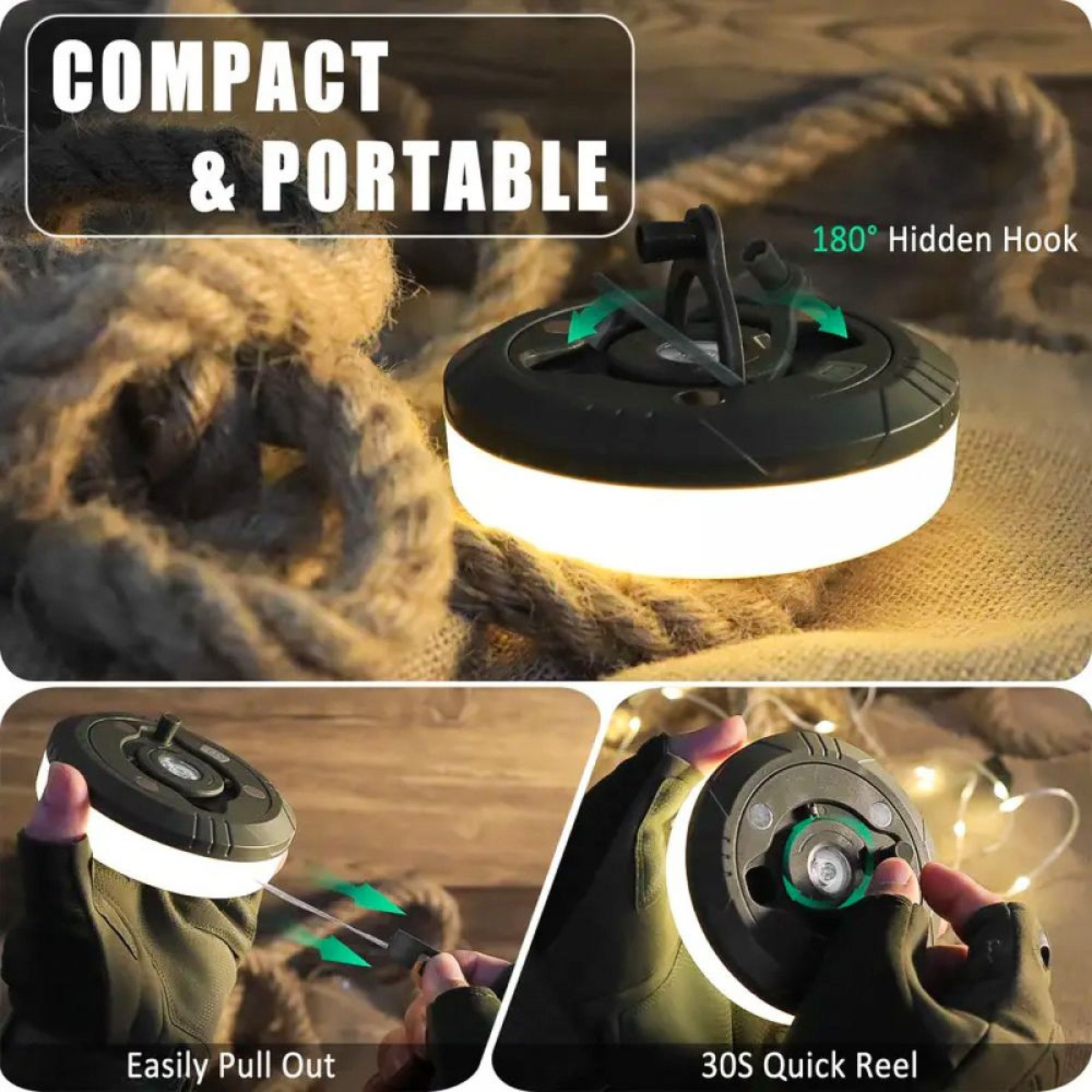 Kompakte, tragbare Campingleuchte mit hellem Licht, Haken und Seilaufroller auf rustikalem Hintergrund.