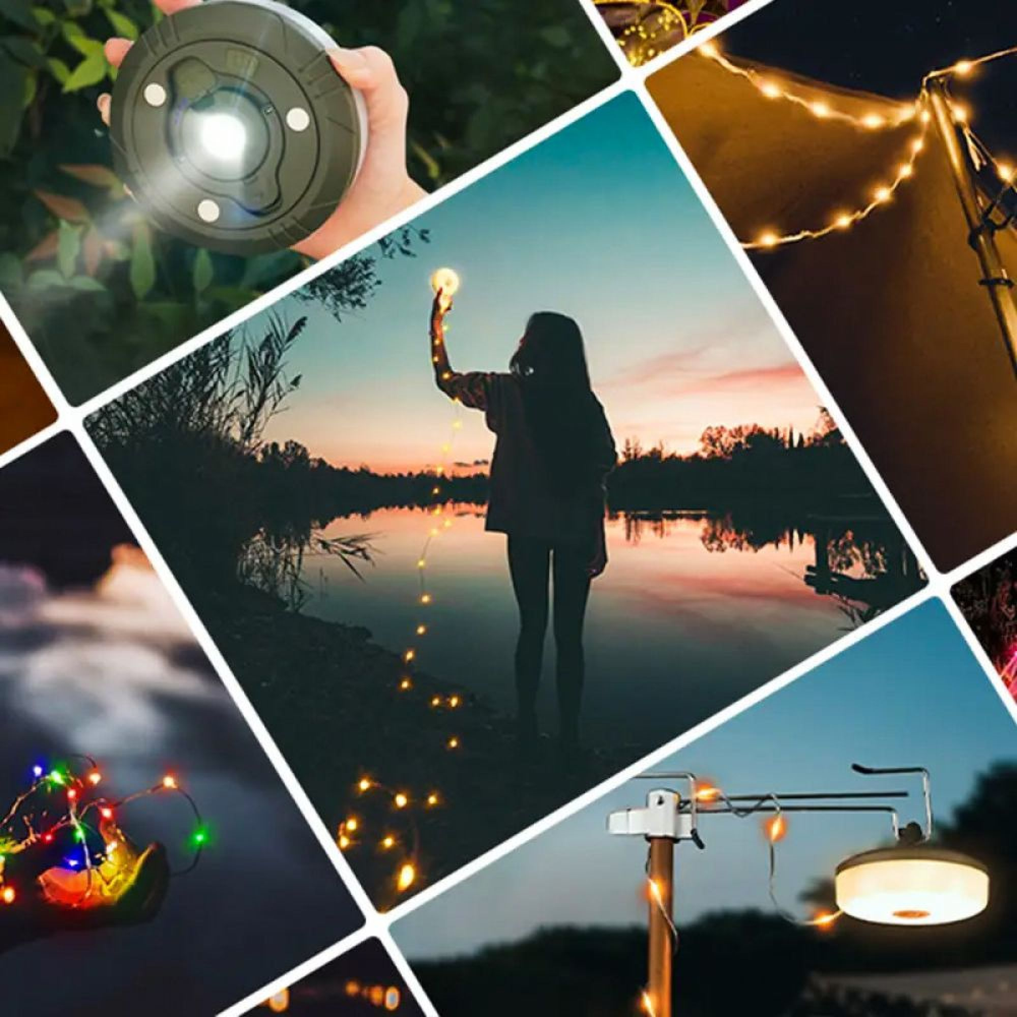Eine Collage von Campinglichtern, darunter eine Laterne, eine Frau mit Lichterketten am See und ein helles Zelt.