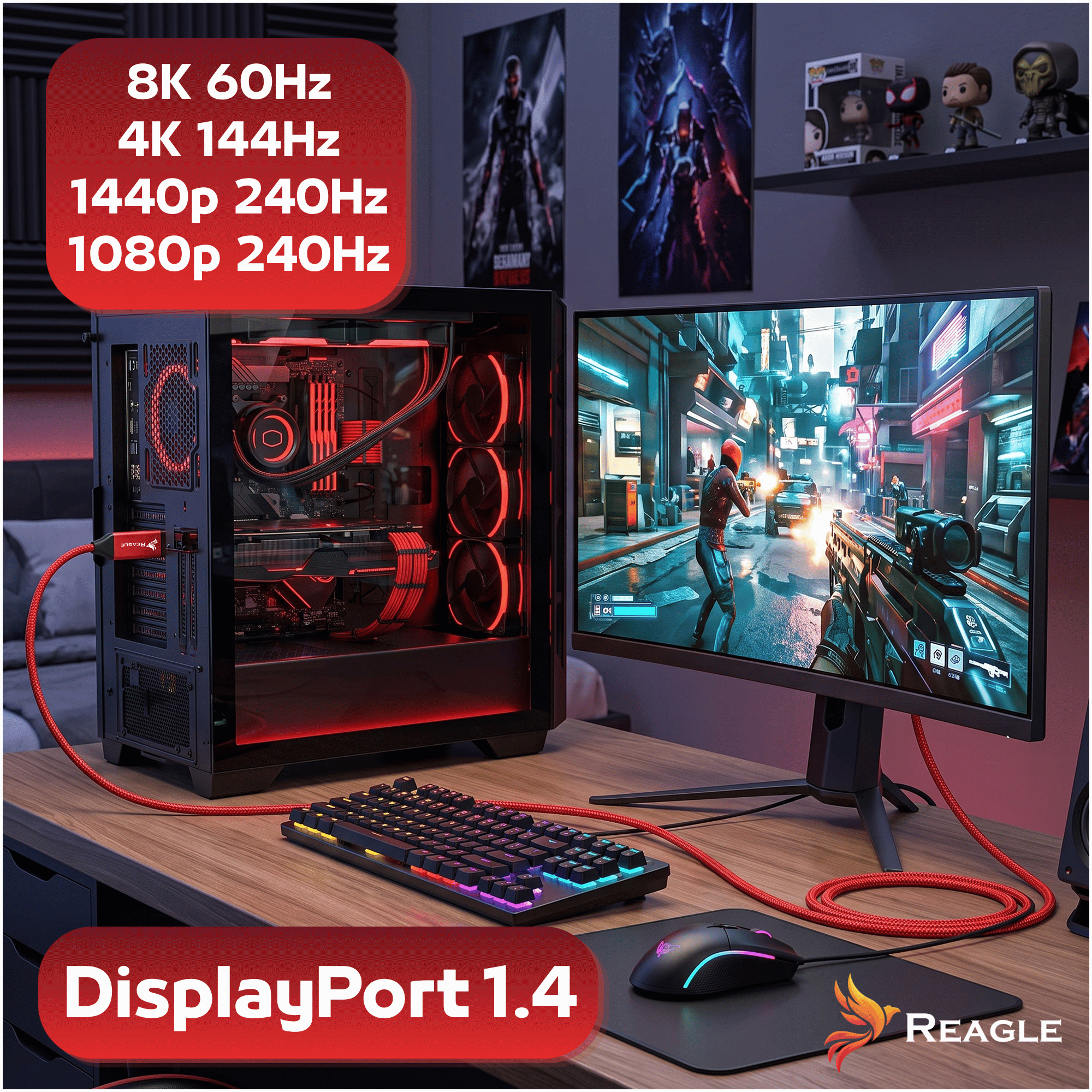 PC de juegos, monitor, teclado y ratón en un escritorio de madera con iluminación roja.