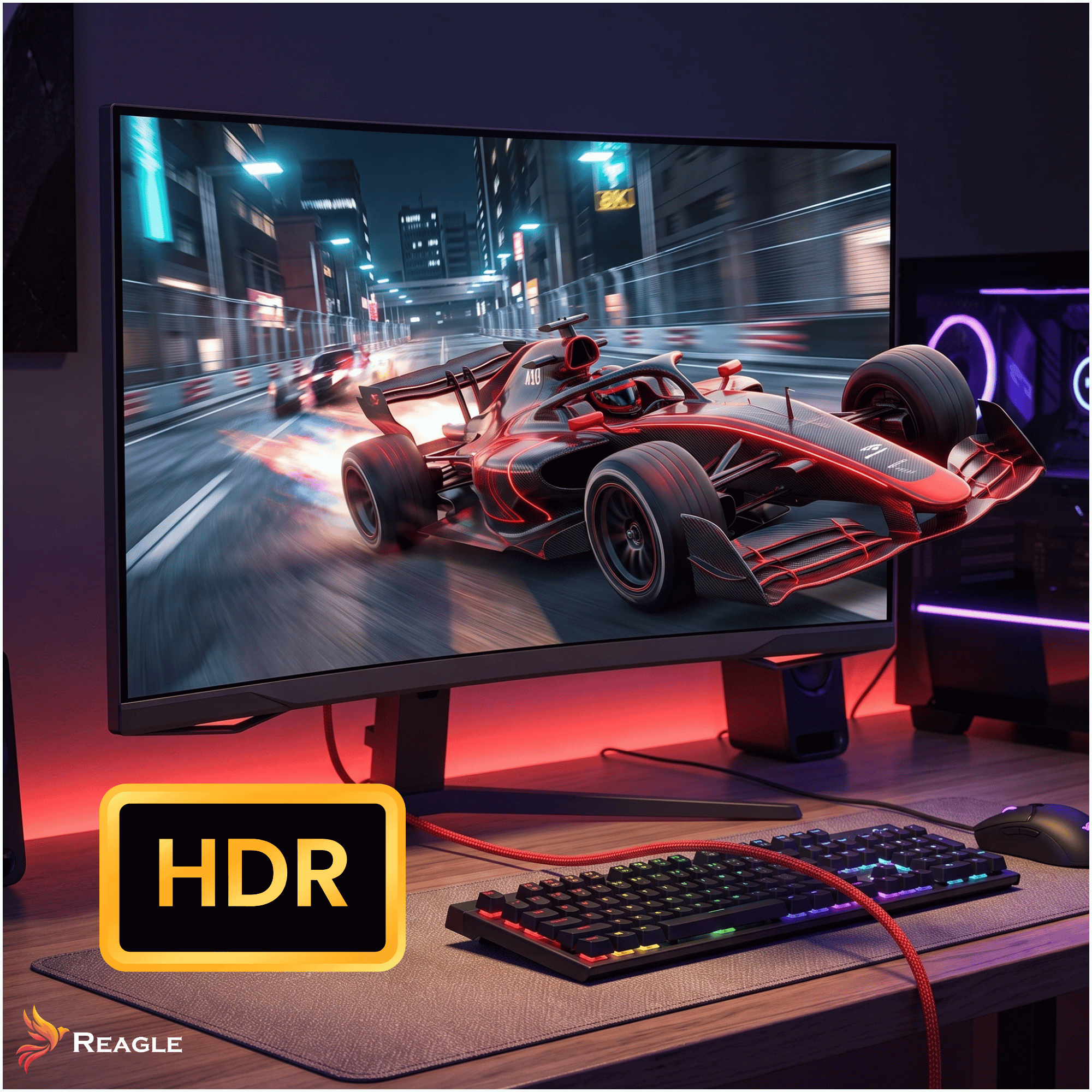 Un monitor de juegos muestra un coche de Fórmula 1 que parece salir de la pantalla. Iluminación ambiental roja.