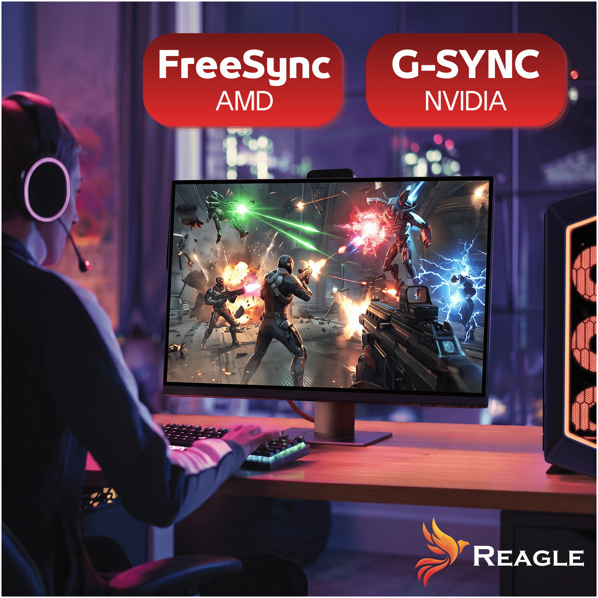 Un jugador juega en un monitor con compatibilidad AMD FreeSync y NVIDIA G-Sync.