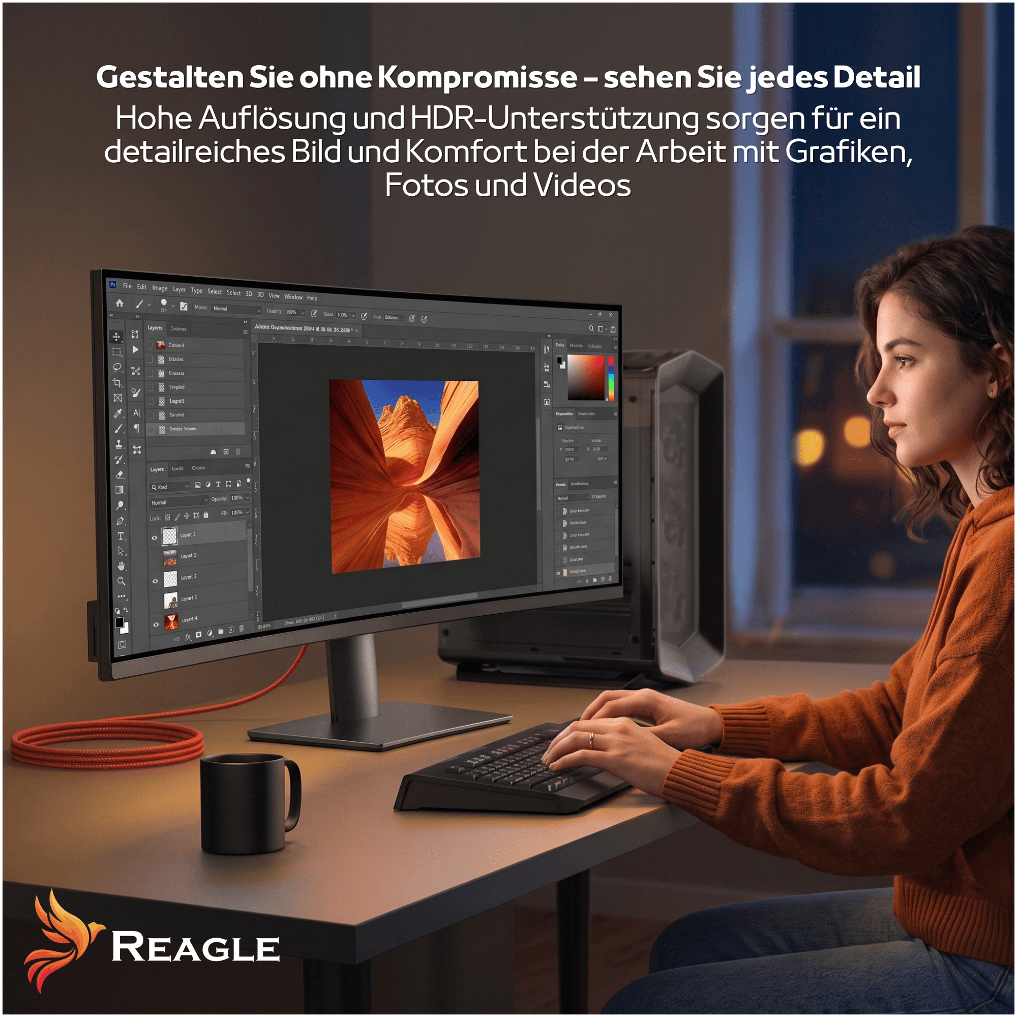 Una mujer trabaja en un monitor de PC grande con software de gráficos en una habitación tenuemente iluminada.