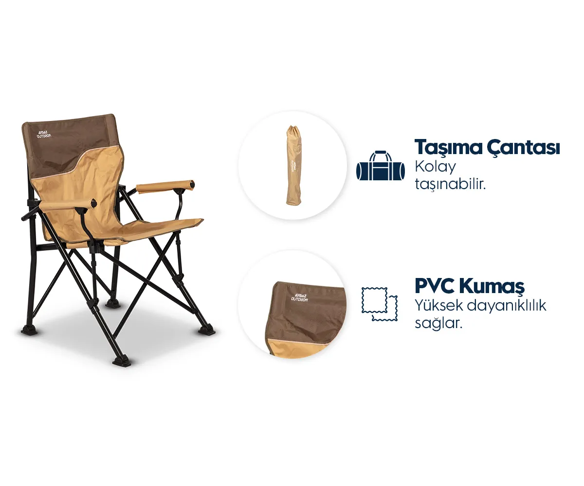 Taşıma çantalı ve PVC kumaşlı kahverengi bej katlanır kamp sandalyesi.
