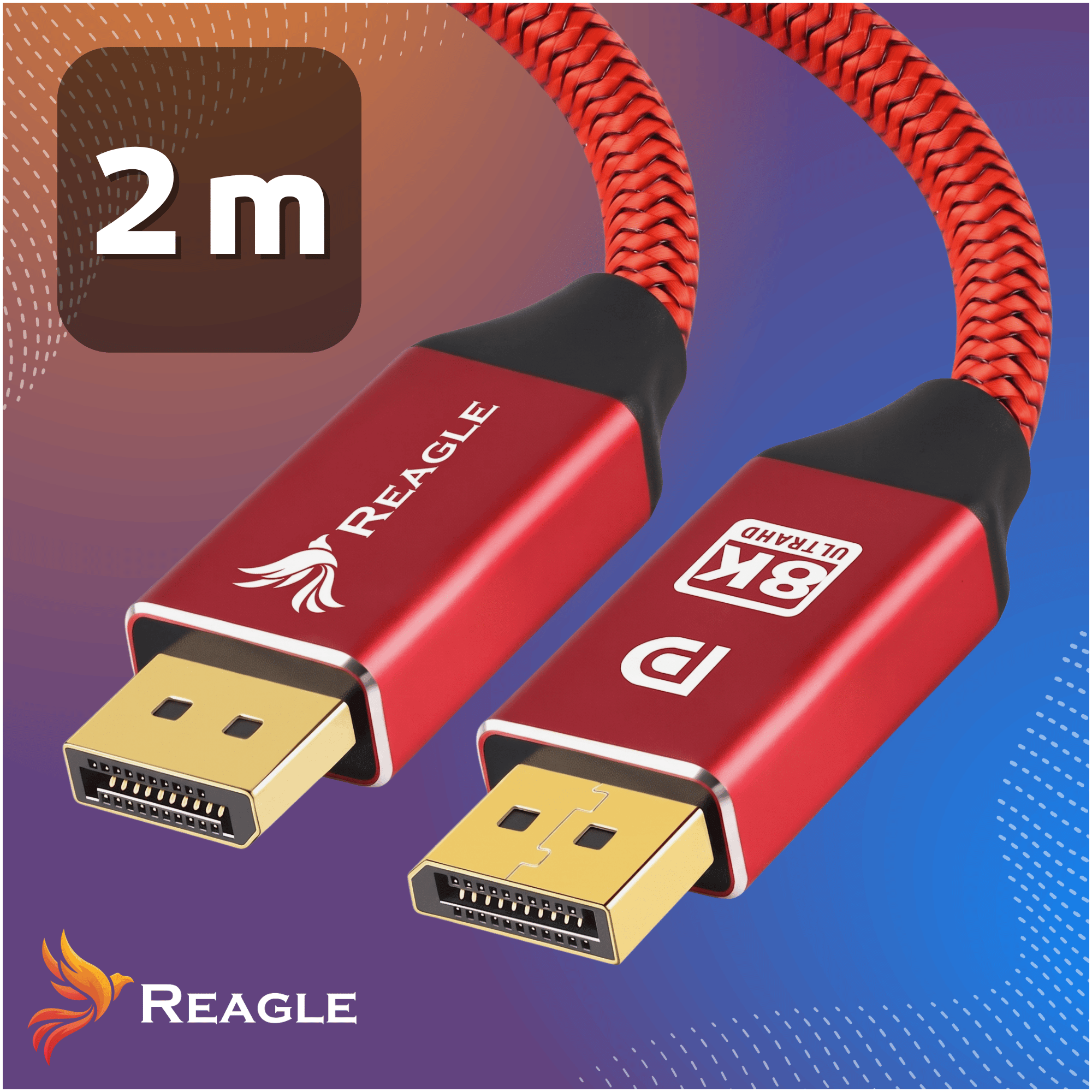 Dos cables DisplayPort Reagle trenzados rojos con conectores chapados en oro sobre fondo azul y naranja y etiqueta de 2m.