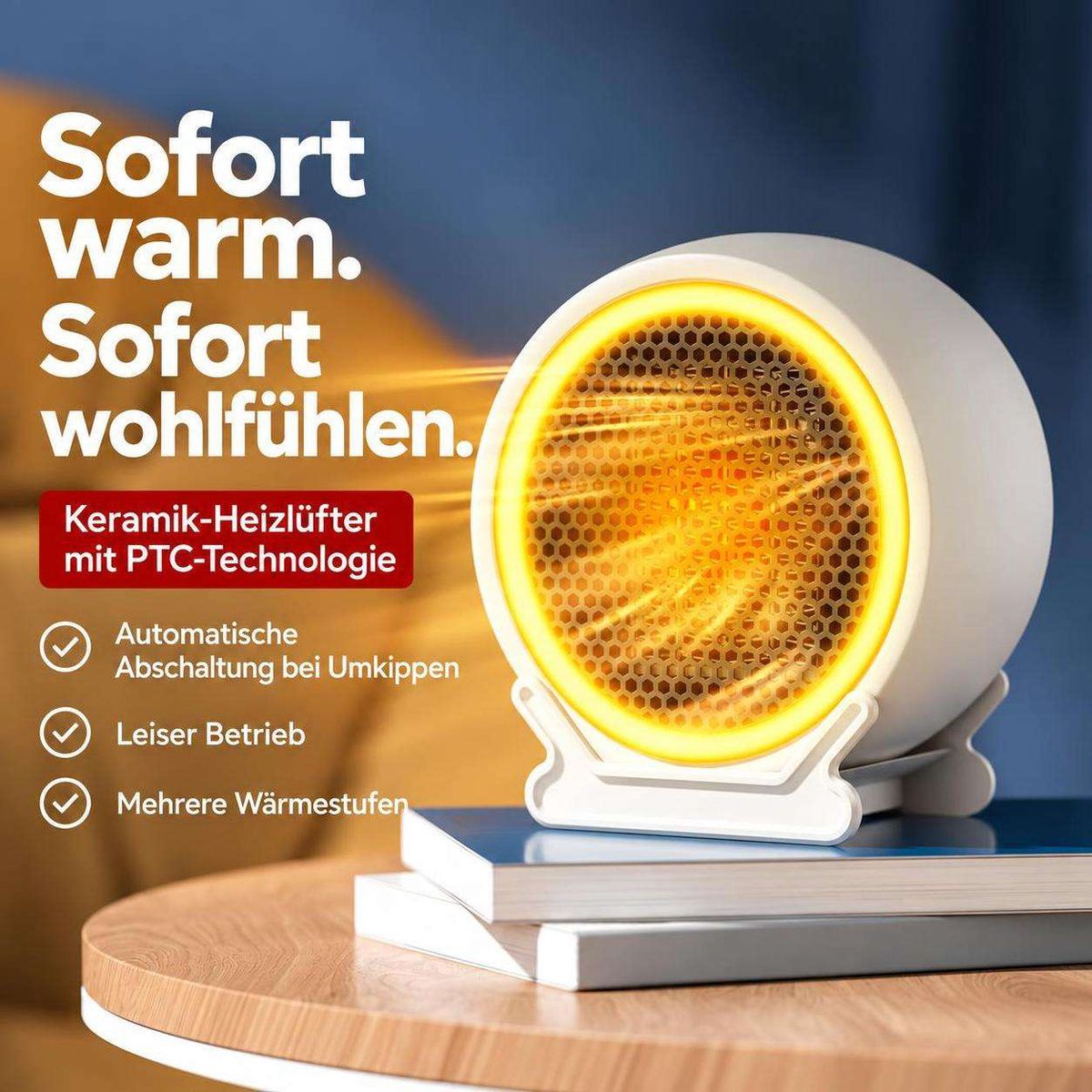 Ein weißer Keramik-Heizlüfter auf Büchern mit Text und Symbolen auf der linken Seite.