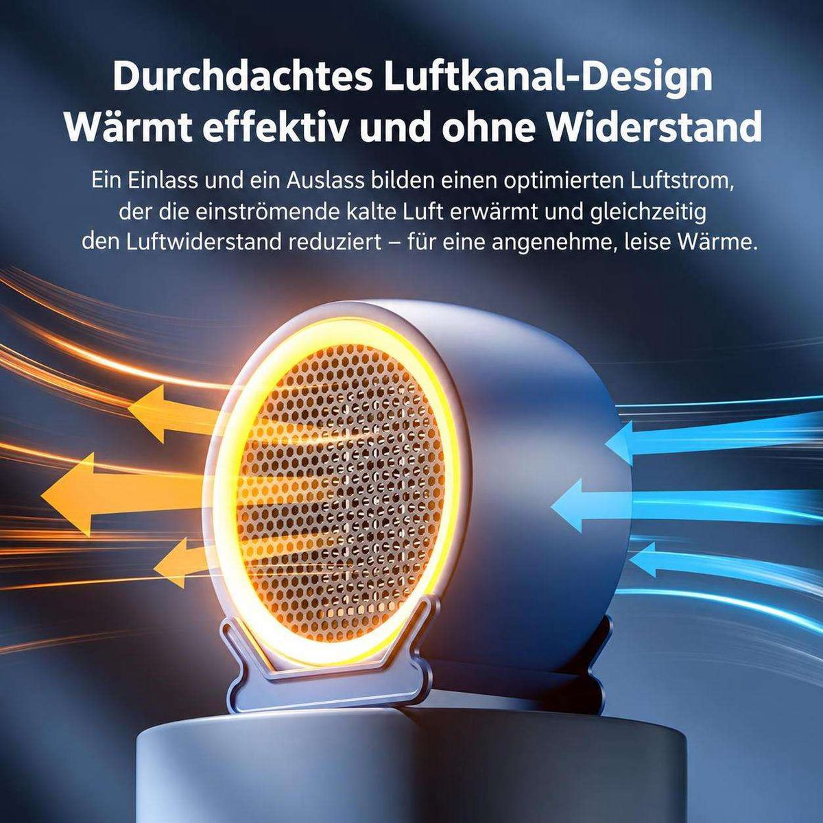 Ein runder Heizlüfter mit Luftstrom-Grafik auf blauem Hintergrund und deutschem Werbetext.