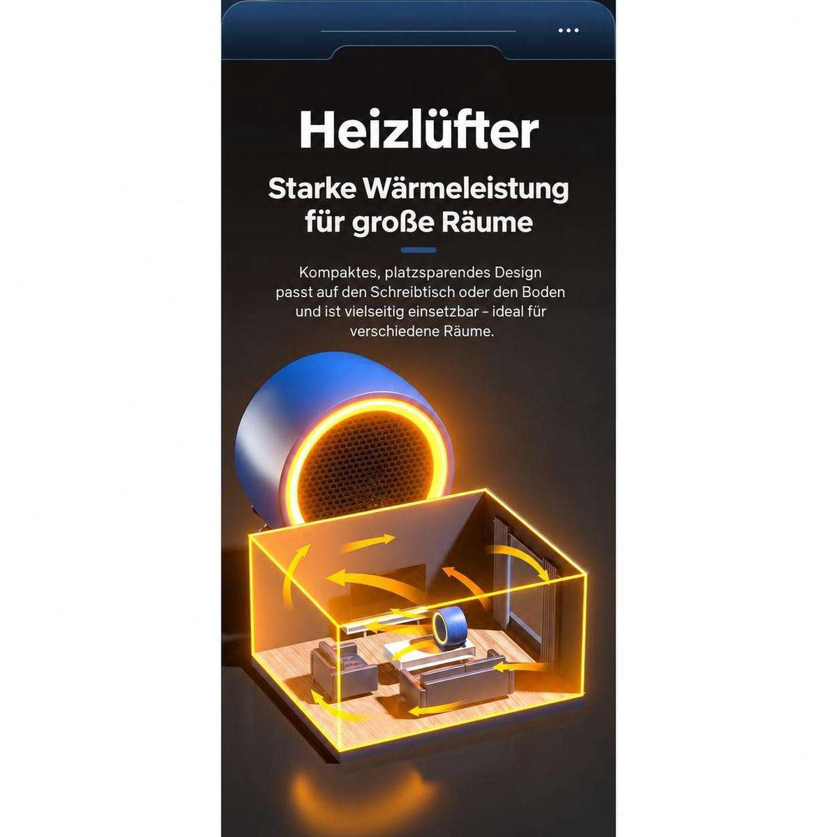 Blaue Heizlüfter mit orangem Licht, der Wärme in einem Wohnzimmer verteilt.