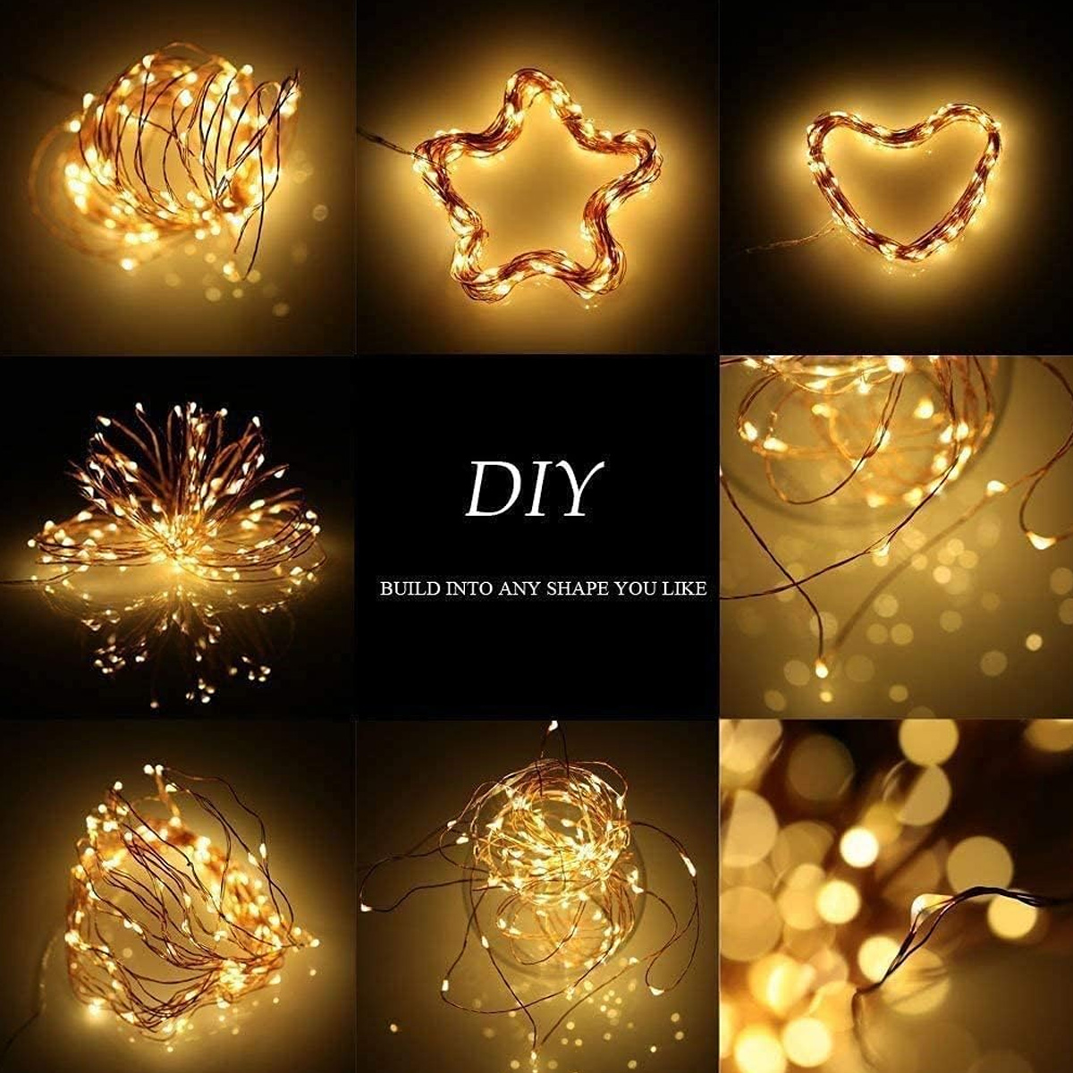 Collage von warmen, biegsamen LED-Lichterketten in verschiedenen Formen, darunter ein Stern und ein Herz.