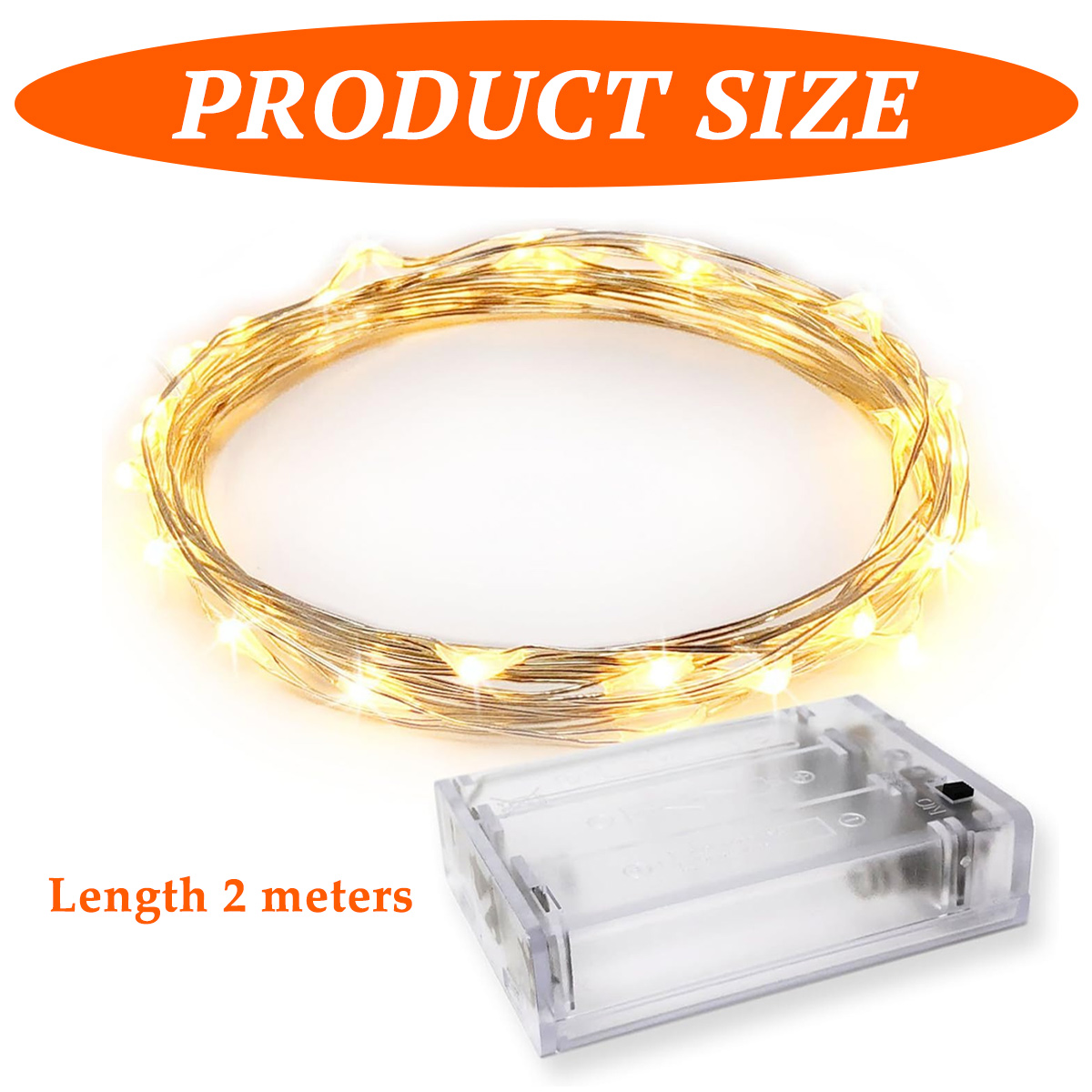 Eine 2 Meter lange Lichterkette mit warmen LEDs und transparenter Batteriebox.