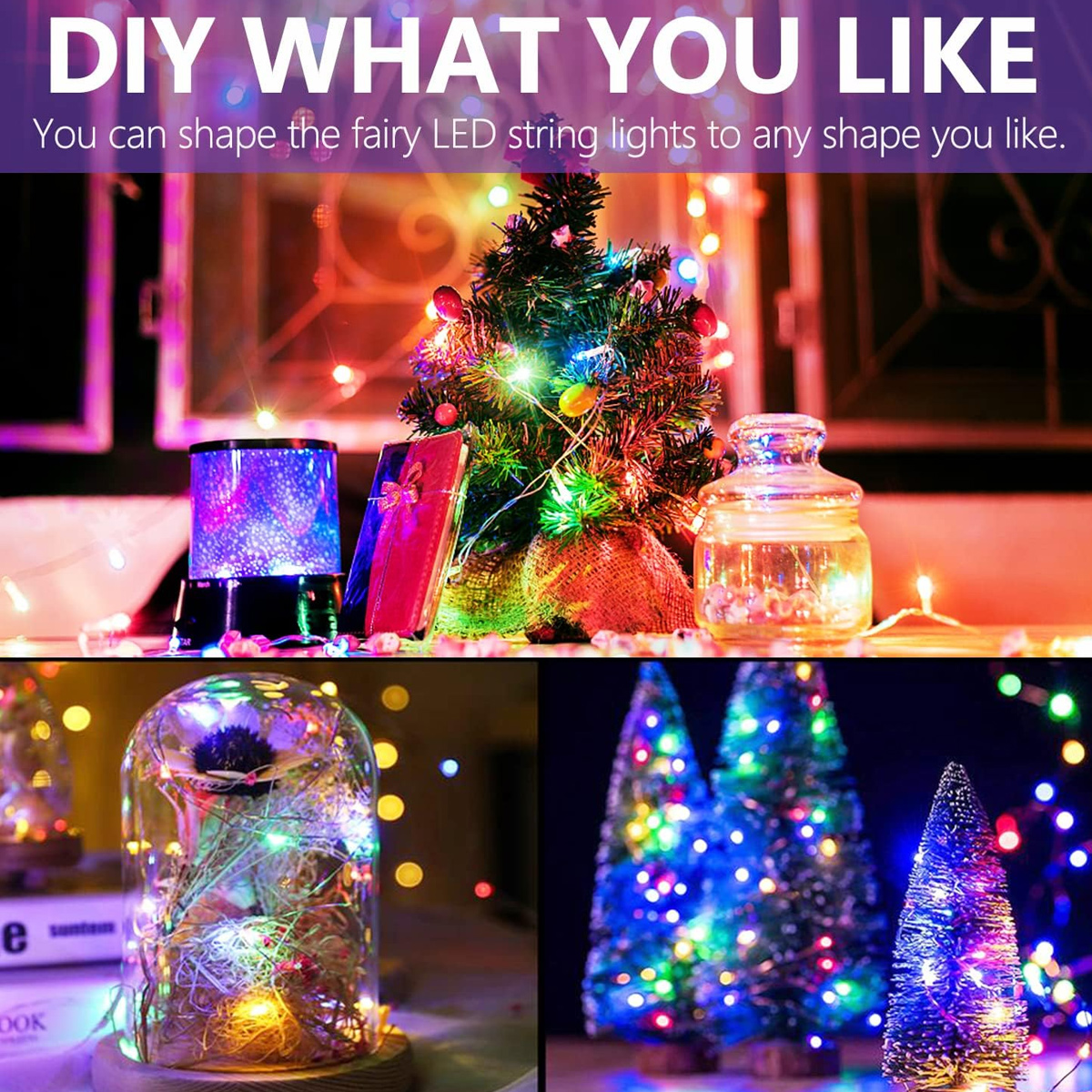 Eine Collage zeigt kleine Weihnachtsbäume, ein Glas und einen Projektor, beleuchtet von bunten Lichterketten.