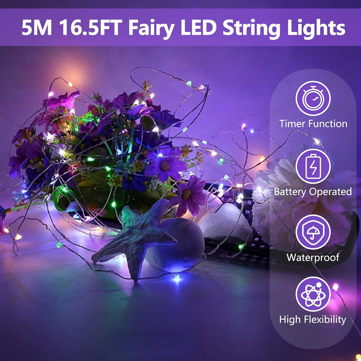 LED-Lichterkette wickelt sich um lila Blumen und einen Seestern auf einer Oberfläche, mit vier Funktionssymbolen rechts.