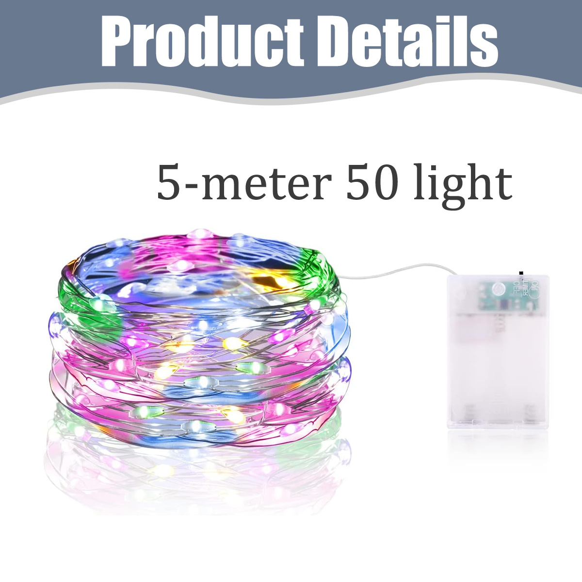 Eine Spule bunter Lichterkette, 5 Meter lang mit 50 Lichtern, verbunden mit einer transparenten Batteriebox.