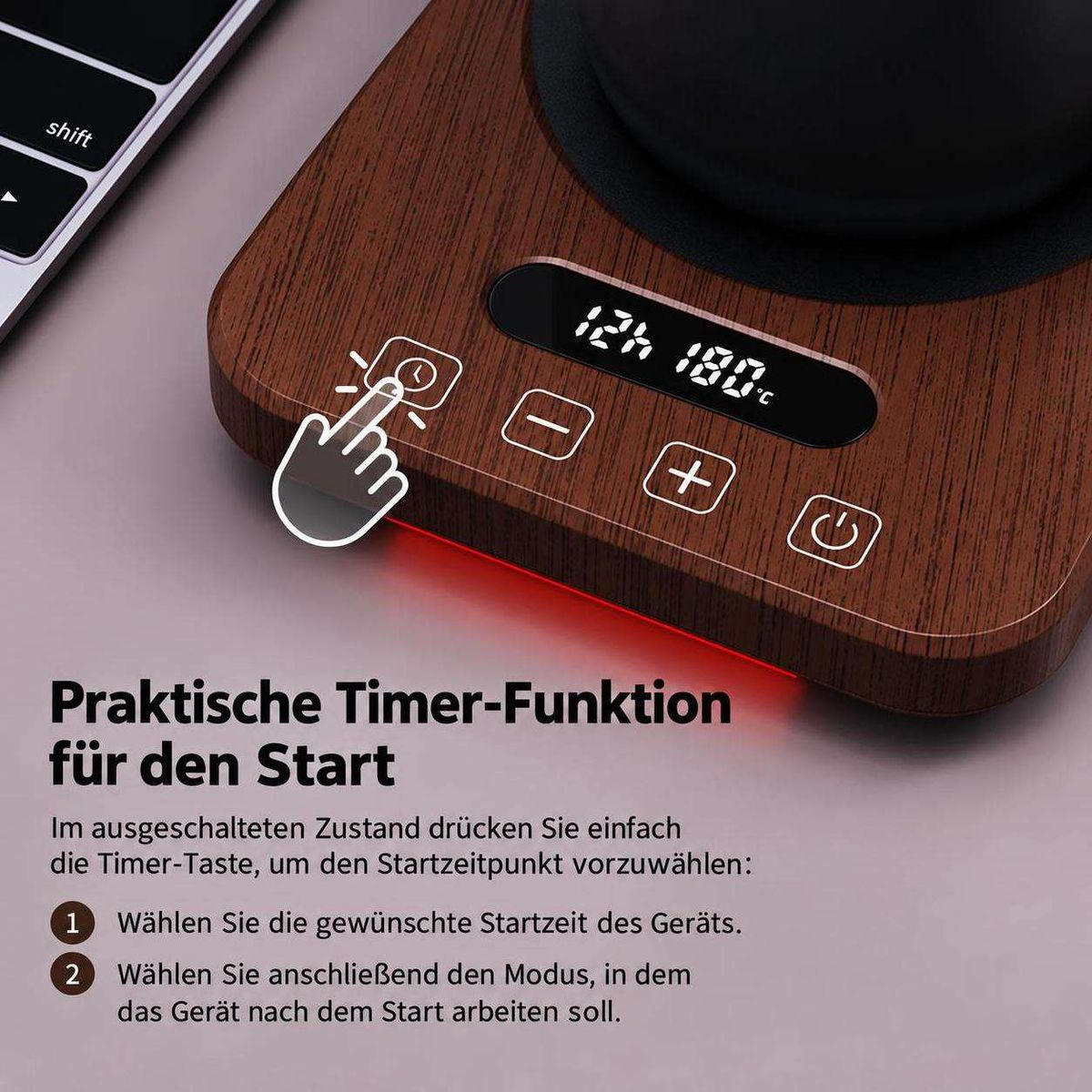 Holzfarbenes Gerät mit Timer-Funktion, digitalen Anzeigen und Touch-Tasten, darunter deutscher Text.
