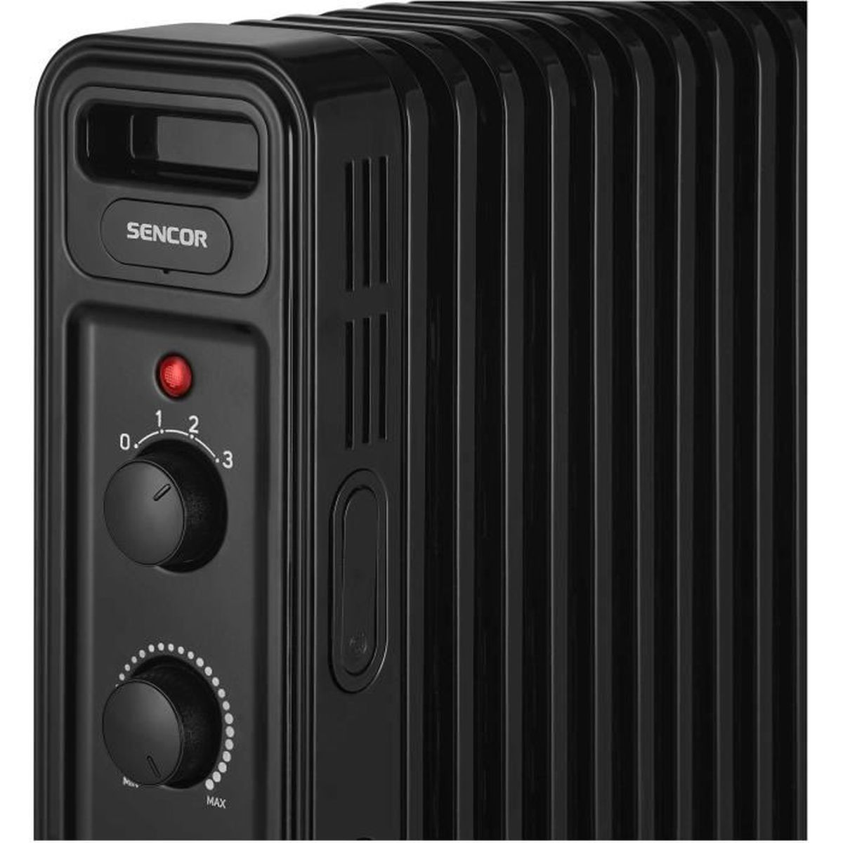 Un radiador Sencor negro con dos perillas giratorias y una luz indicadora roja.