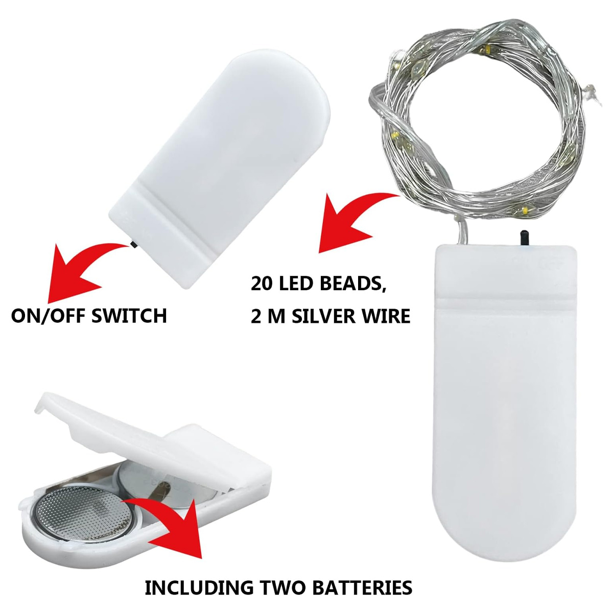 Diagramm zeigt LED-Lichterkette mit Batteriefach, Schalter und zwei Batterien.