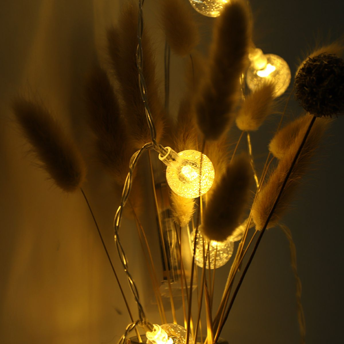 Warm leuchtende Lichterkette zwischen getrockneten Pampasgrasstängeln in einem dunklen Raum.
