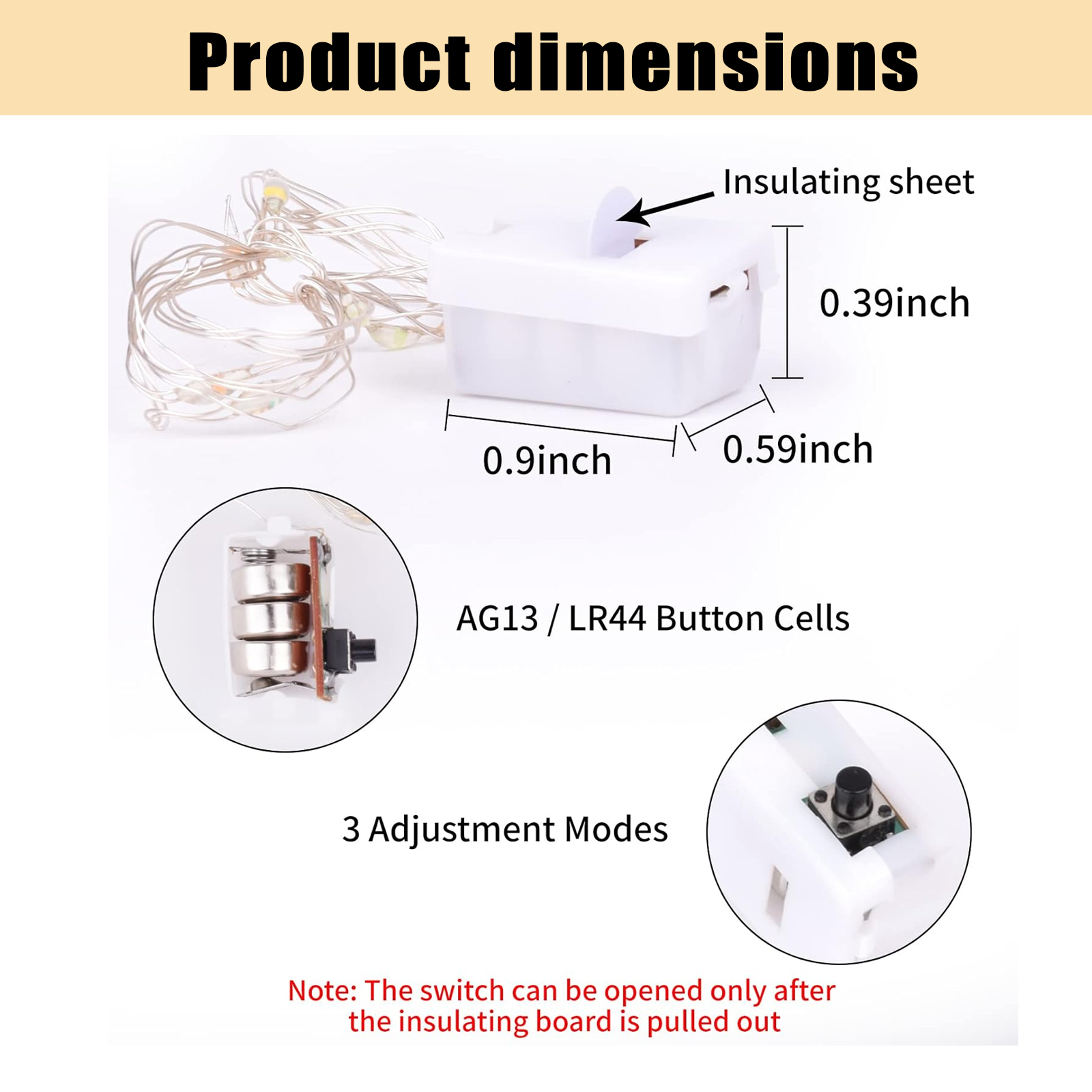 Diagramm zeigt Produktabmessungen einer kleinen Batteriebox für Lichterketten mit AG13-Zellen.